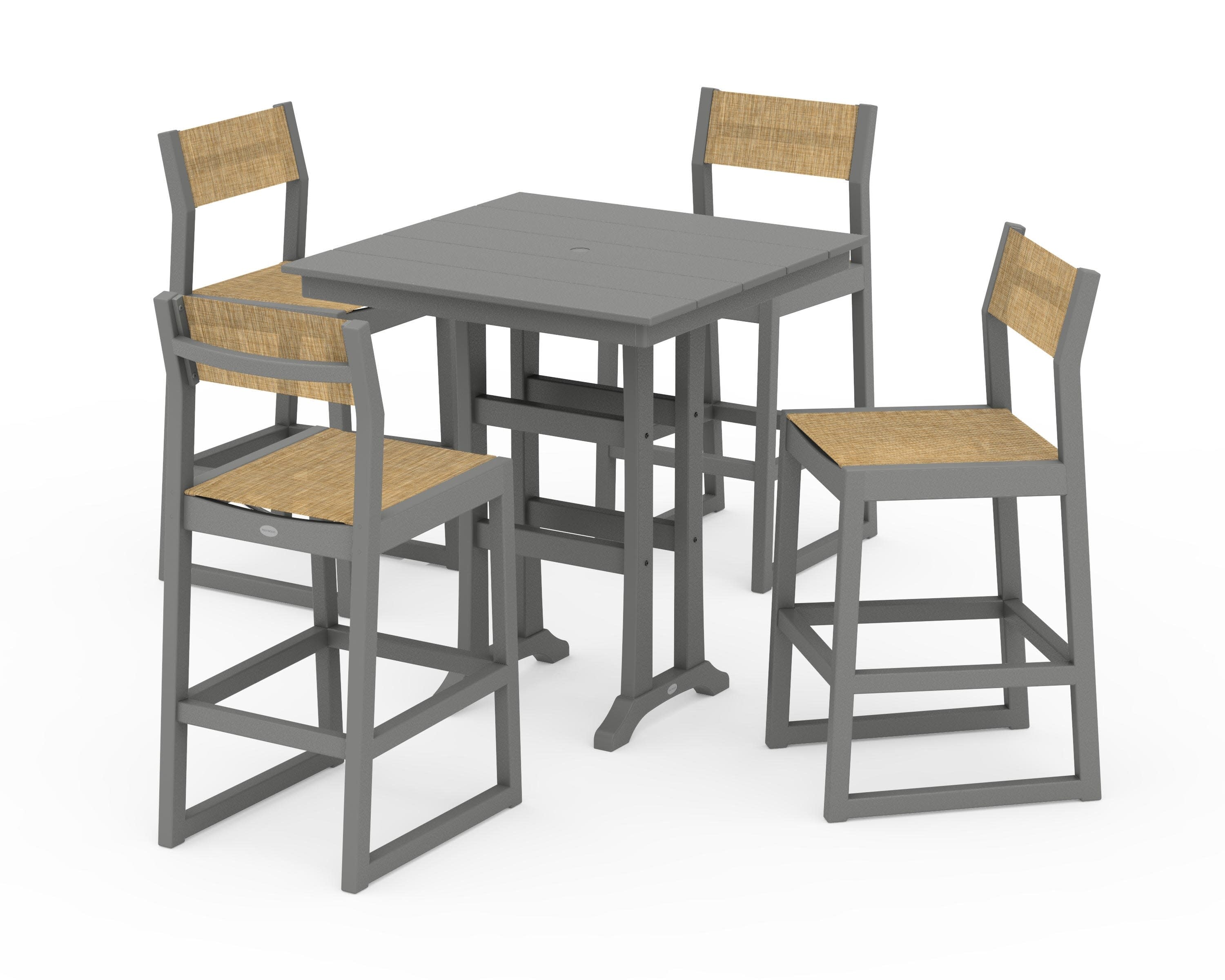 EDGE Sling Arm Chair 5-Piece Farmhouse Bar Set with Trestle Legs in Slate Grey / Burlap Sling