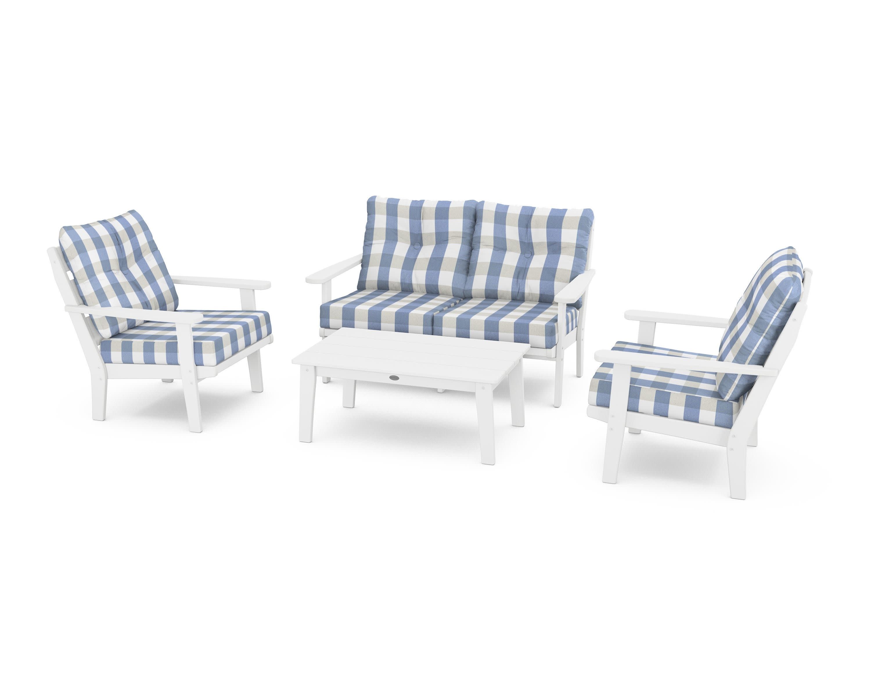 Lakeside 4-Piece Deep Seating Set in White / Buffalo Plaid Sky Blue