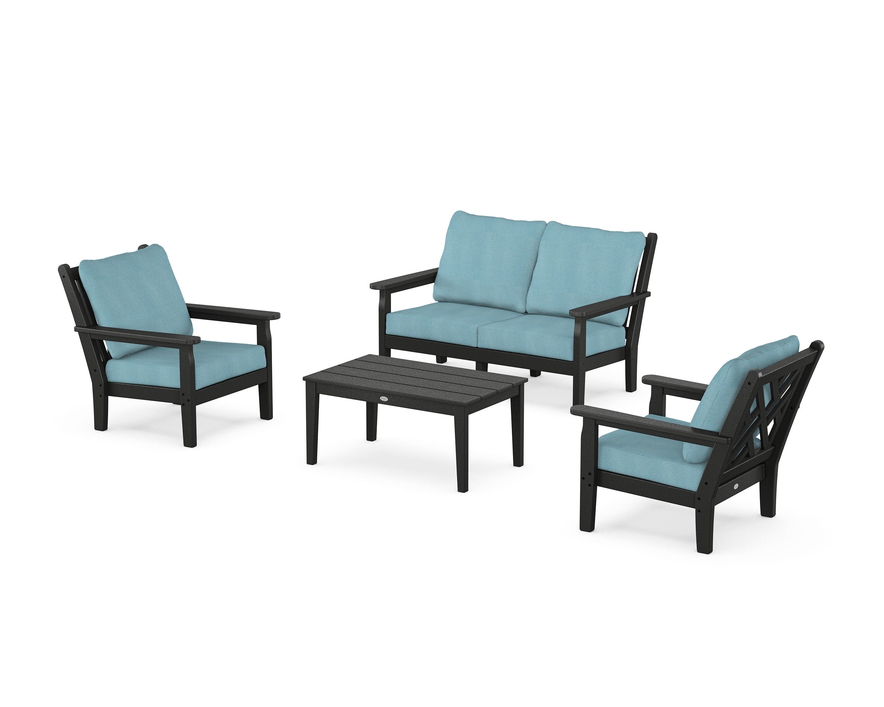 Chippendale 4-Piece Deep Seating Set with Loveseat in Black / Lattice Sky Blue