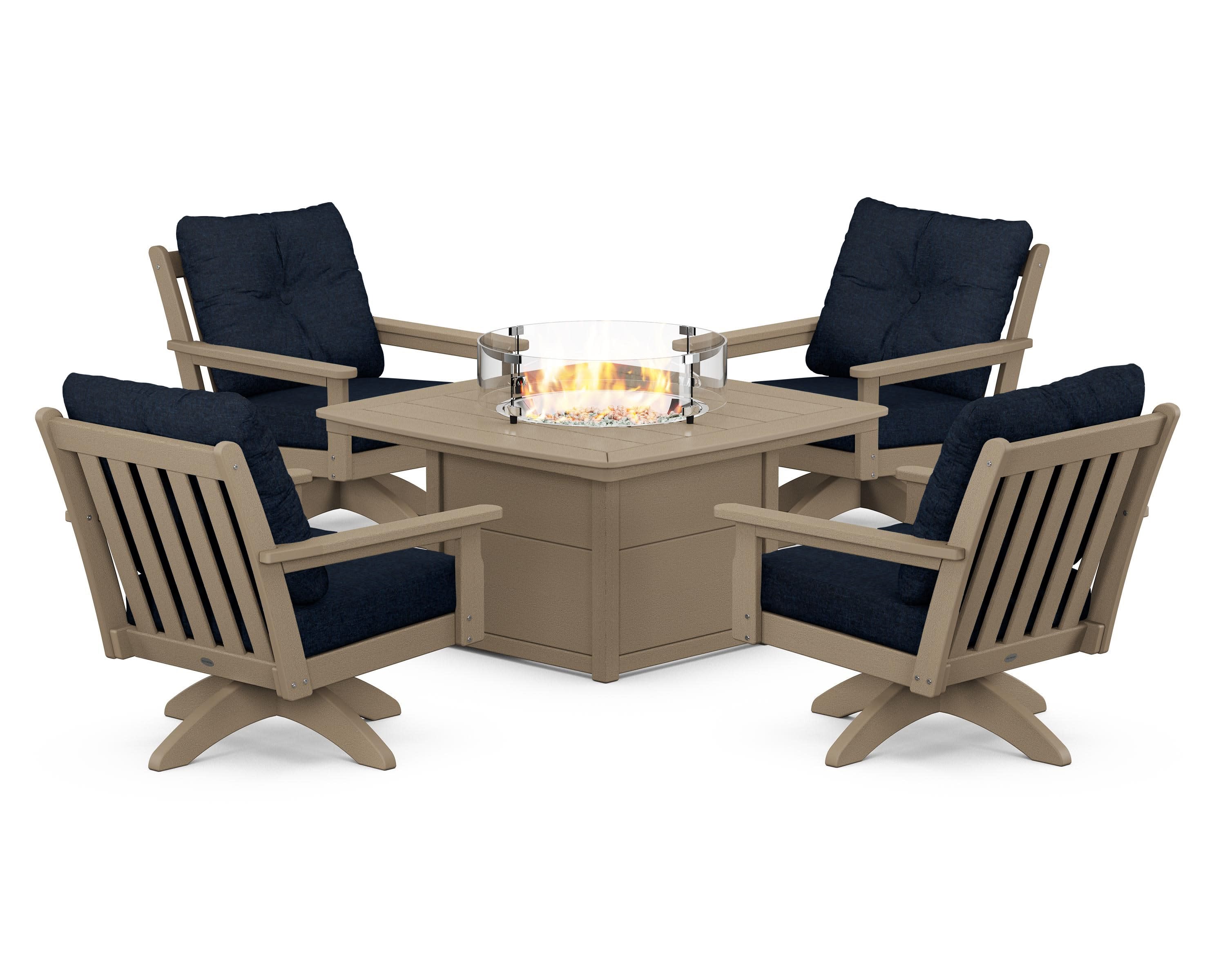 Vineyard 5-Piece Deep Seating Swivel Conversation Set with Fire Pit Table in Vintage Sahara / Marine Indigo