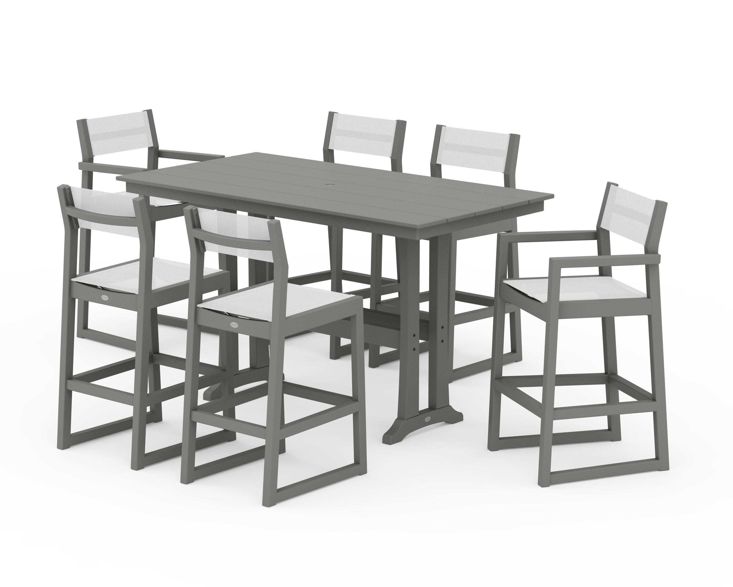 EDGE Sling 7-Piece Farmhouse Bar Set with Trestle Legs in Slate Grey / White Sling