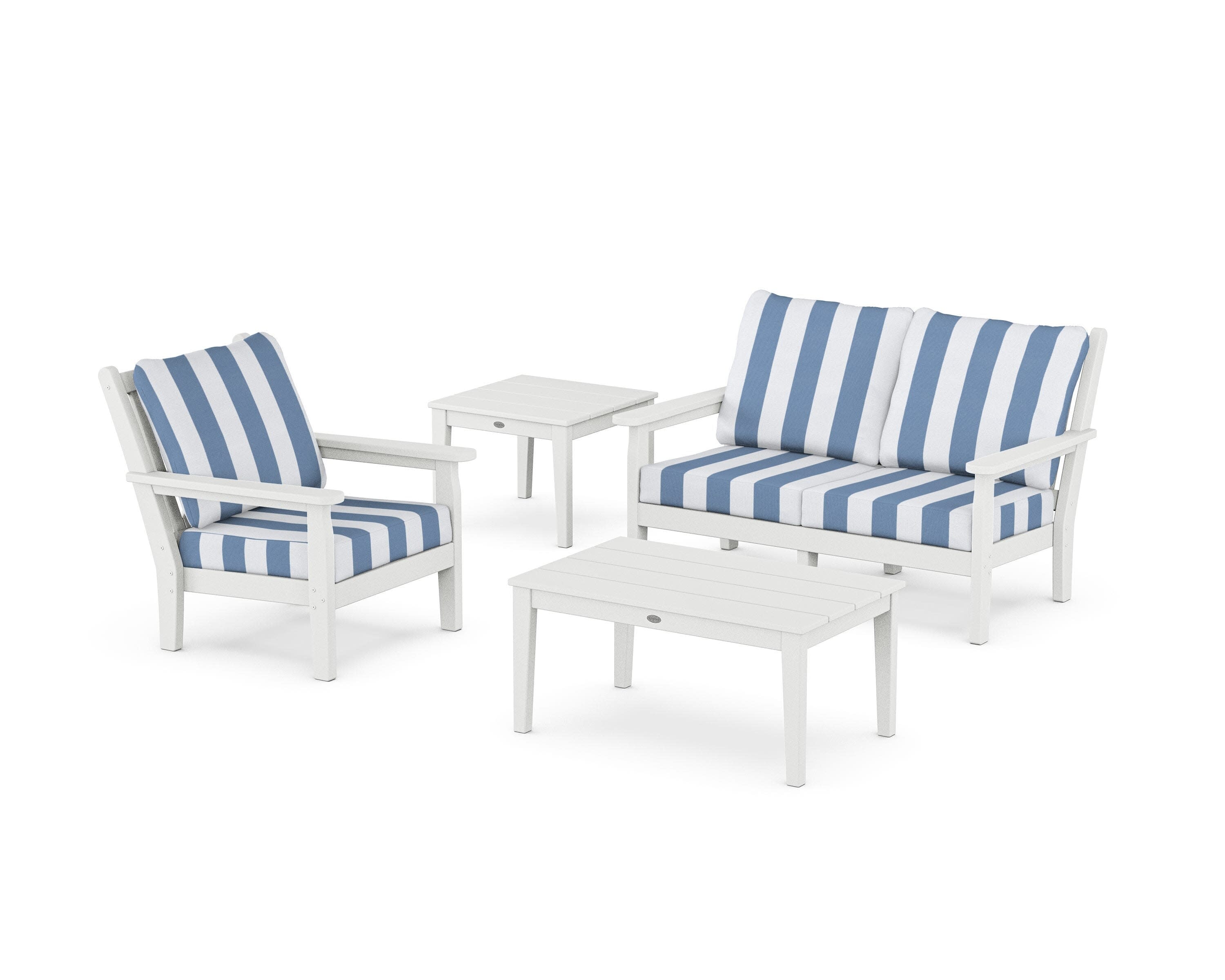Chippendale 4-Piece Deep Seating Set in White / Cabana Stripe Sky Blue