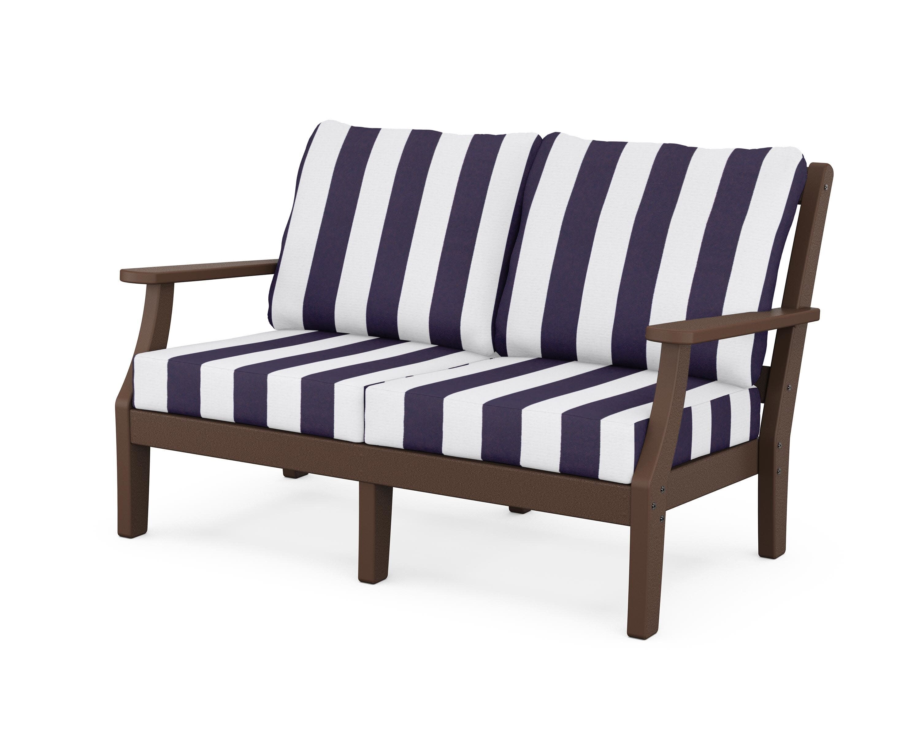 Chinoiserie Deep Seating Loveseat in Mahogany / Cabana Stripe Navy