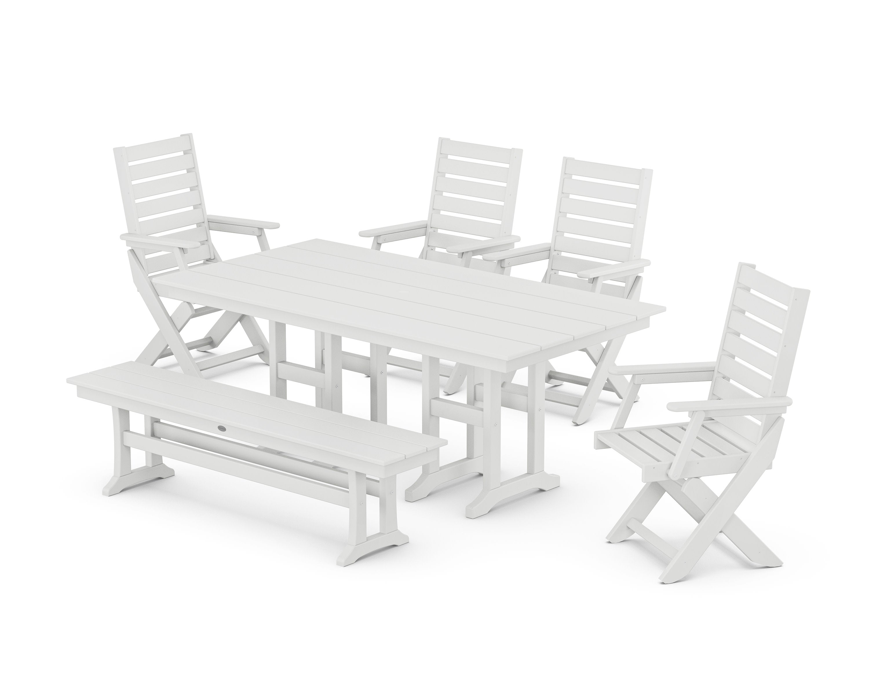 Captain Folding Chair 6-Piece Farmhouse Dining Set with Bench in White