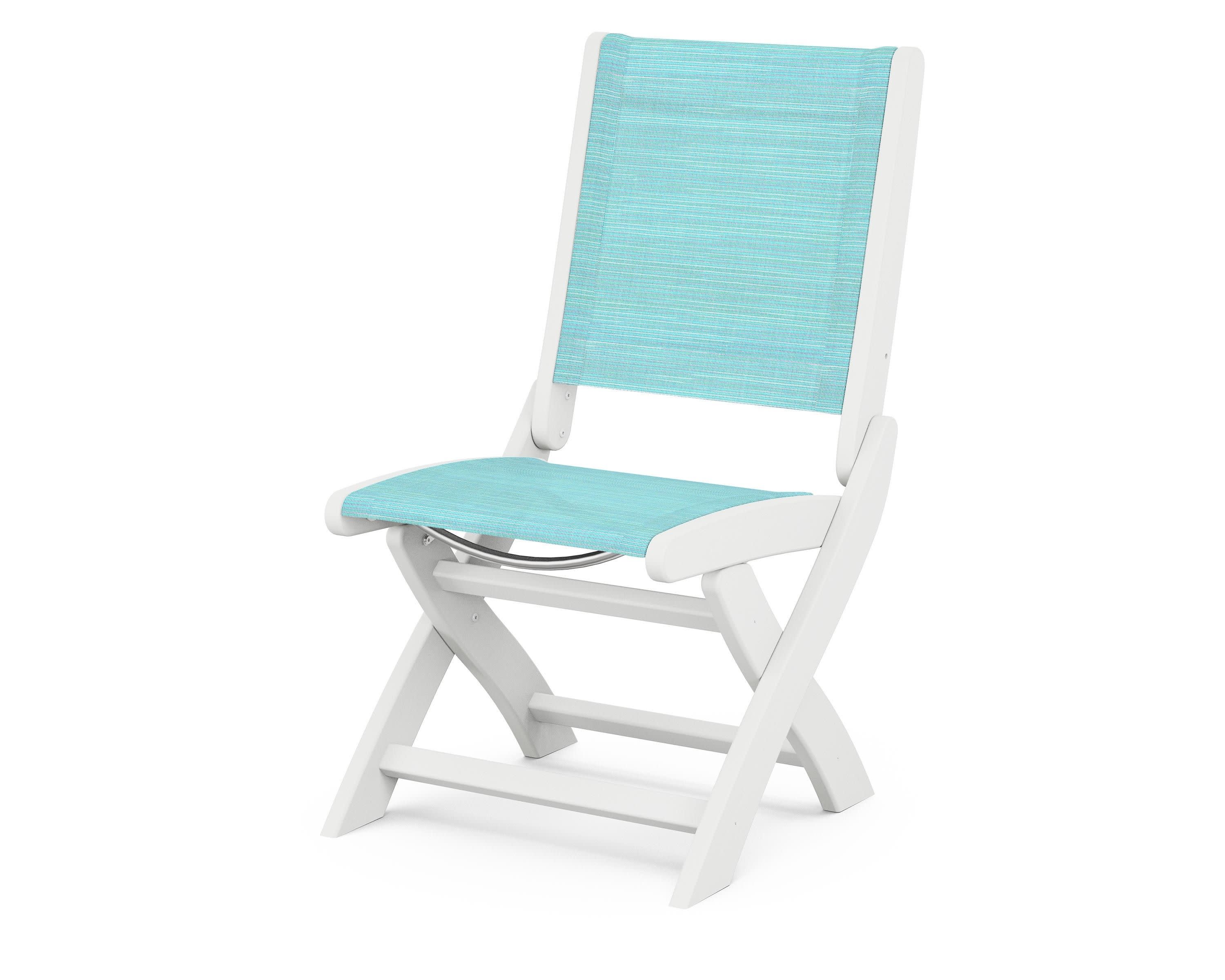 Coastal Folding Side Chair in White / Dupioni Aquamarine Sling