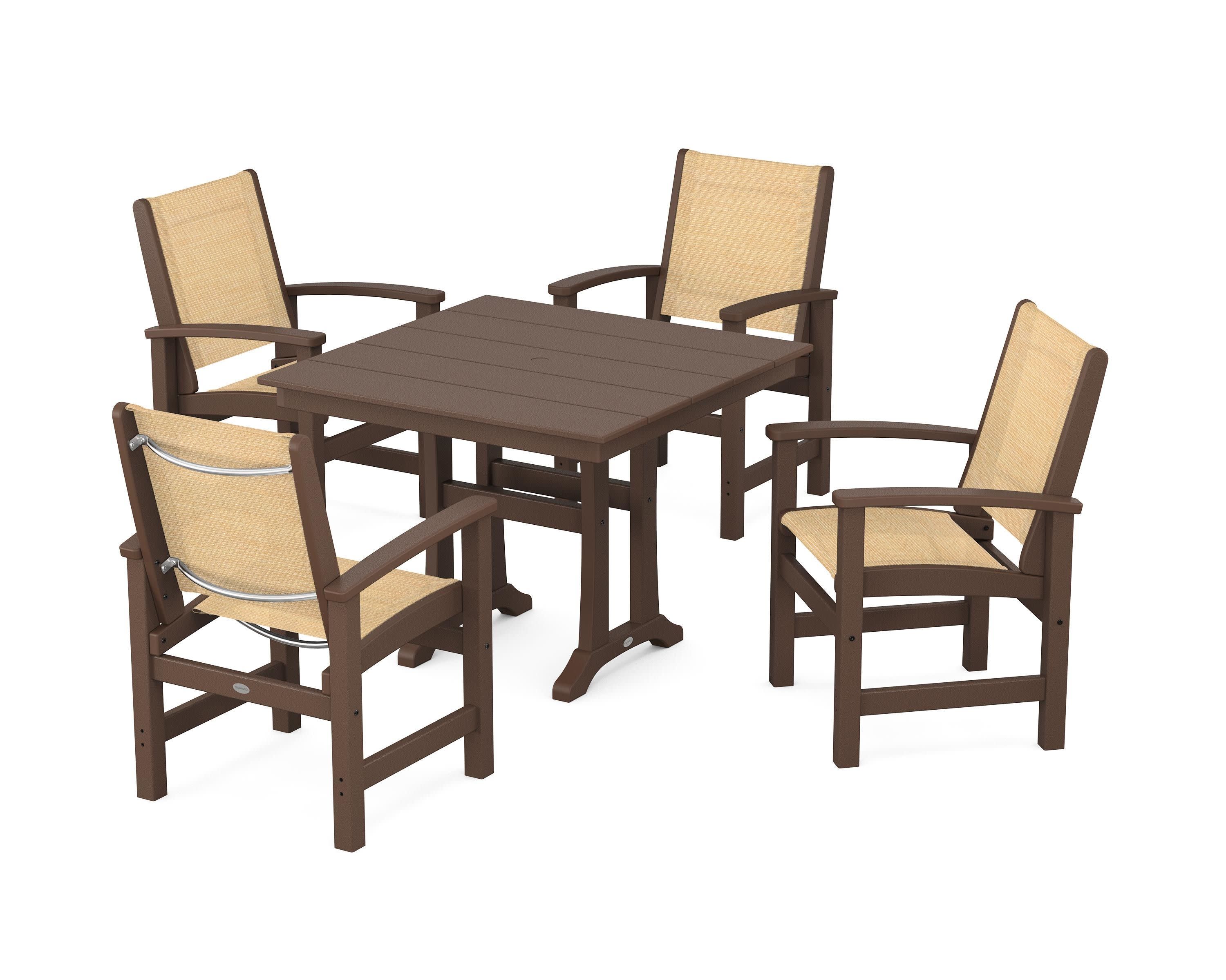 Coastal 5-Piece Farmhouse Dining Set With Trestle Legs in Mahogany / Dupioni Apricot Sling