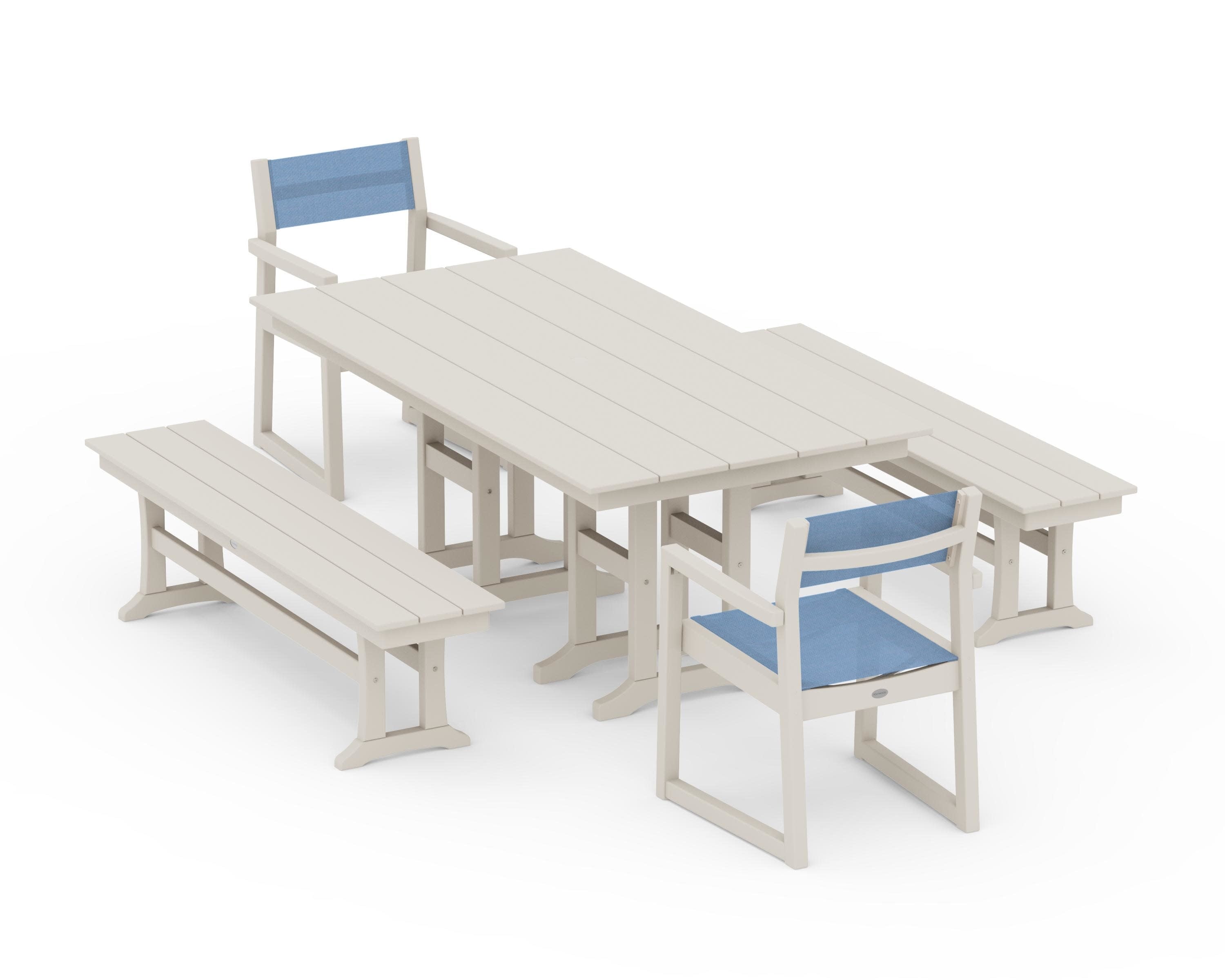 EDGE Sling Arm Chair 5-Piece Farmhouse Dining Set with Benches in Sand / Poolside Sling