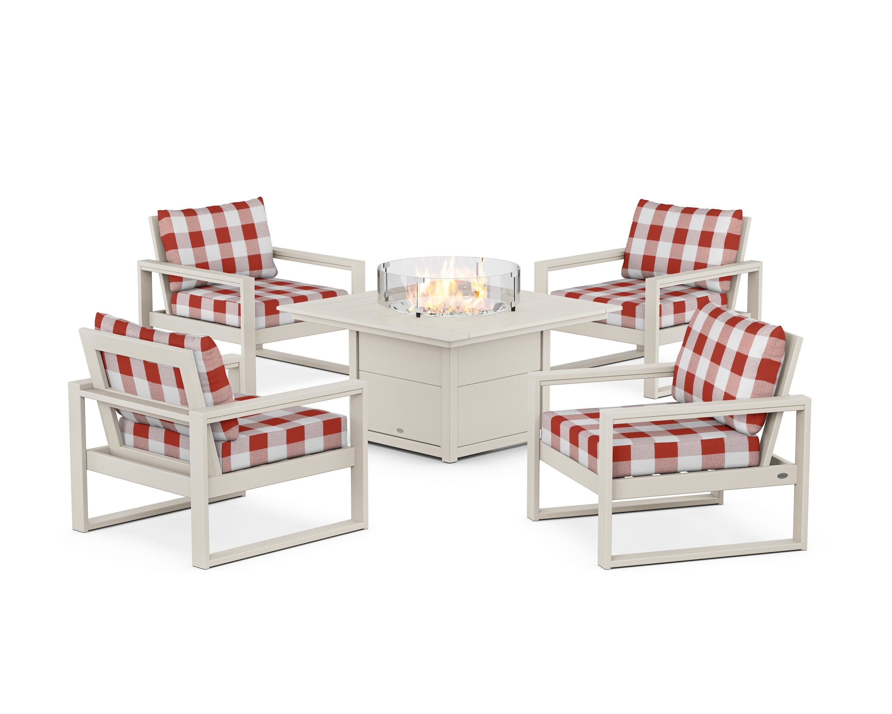 EDGE Sectional 5-Piece Deep Seating Set with Fire Pit Table in Sand / Buffalo Plaid Crimson