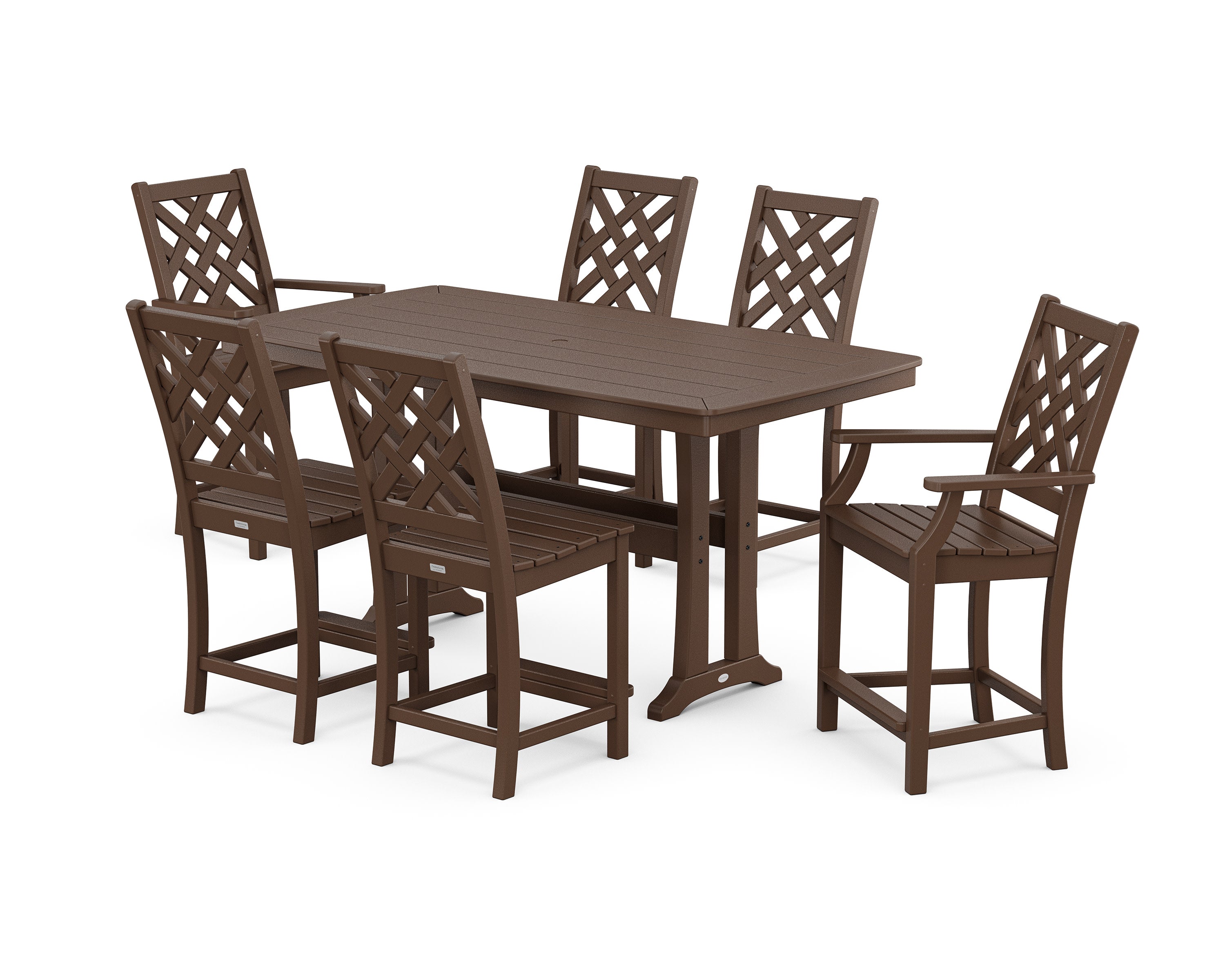 Wovendale 7-Piece Counter Set with Trestle Legs in Mahogany