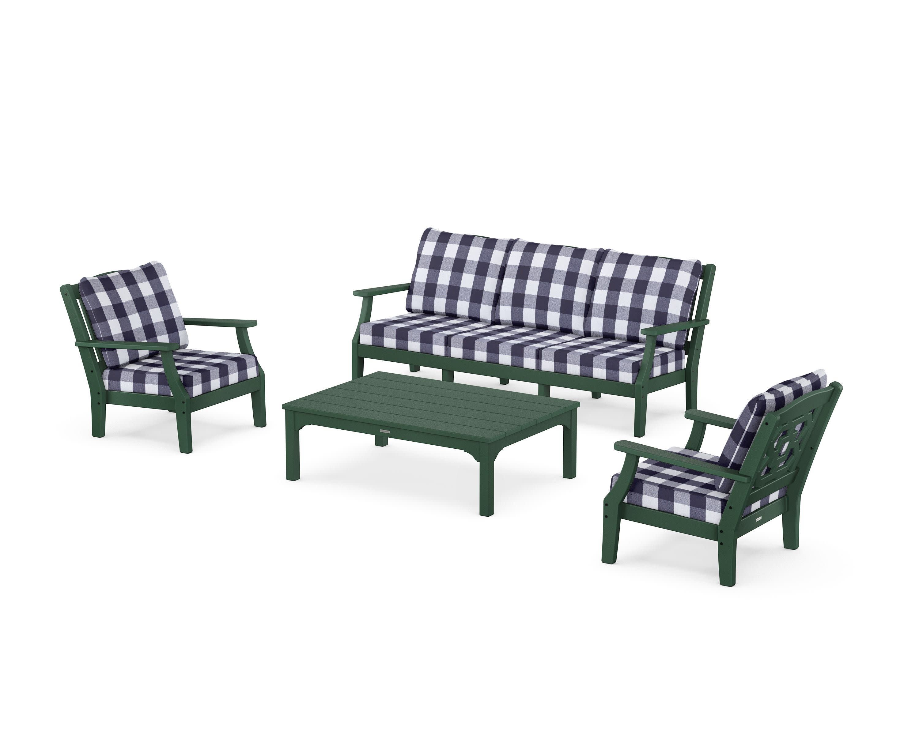 Chinoiserie 4-Piece Deep Seating Set with Sofa in Green / Buffalo Plaid Navy
