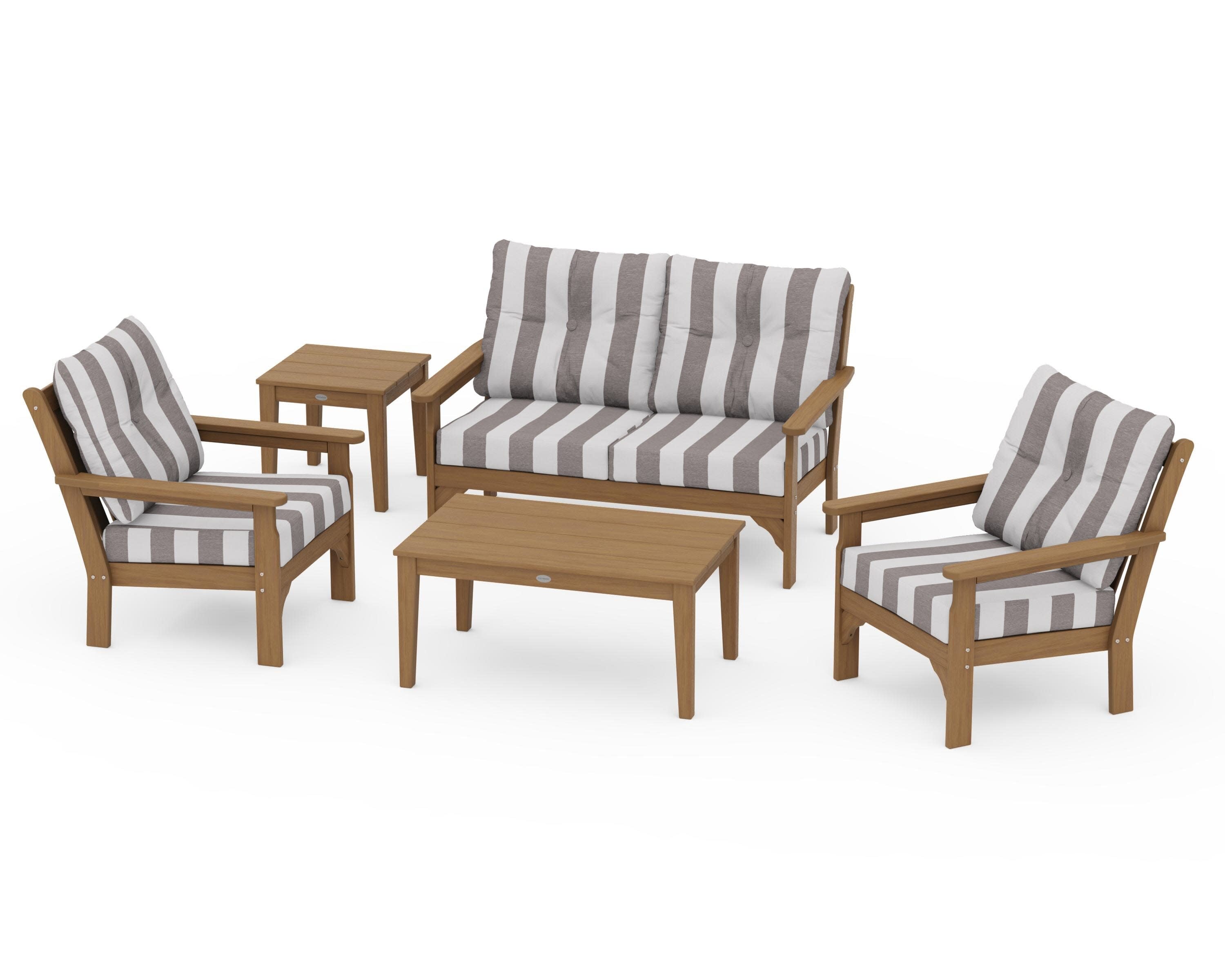 Vineyard 5-Piece Deep Seating Set in Natural / Cabana Stripe Grey Mist