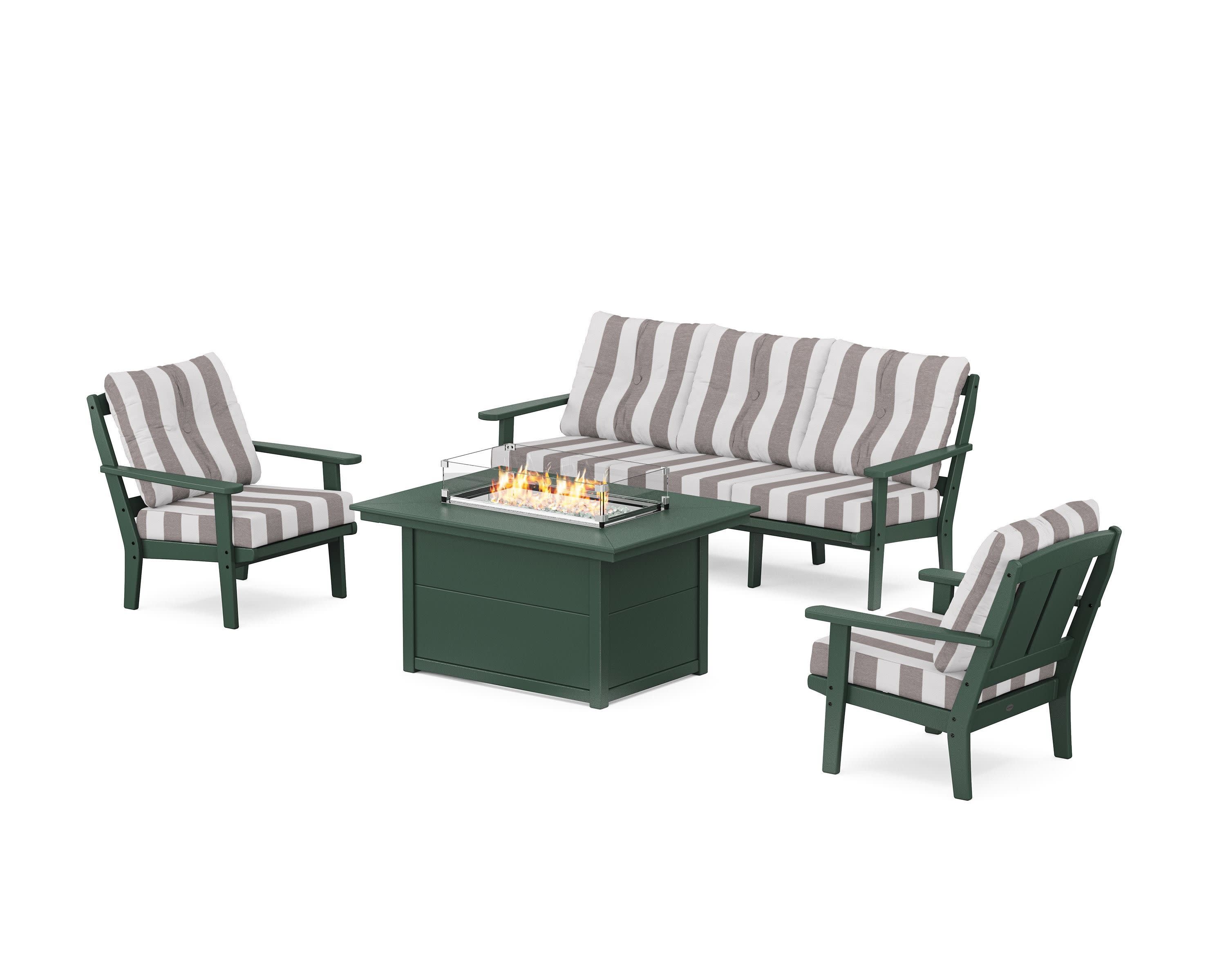 Mission Deep Seating Fire Pit Table Set in Green / Cabana Stripe Grey Mist