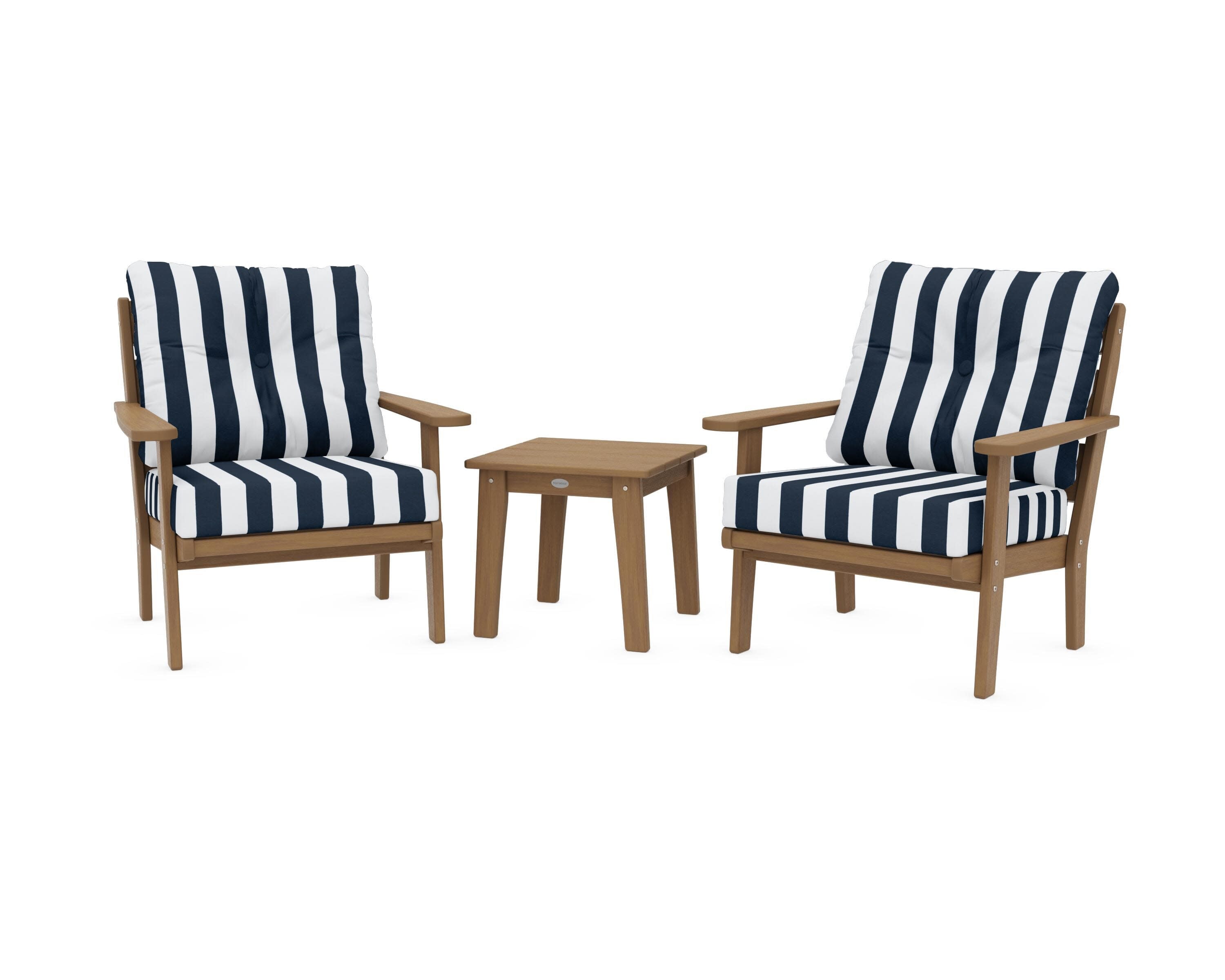 Lakeside 3-Piece Deep Seating Chair Set in Natural / Cabana Stripe Marine Indigo