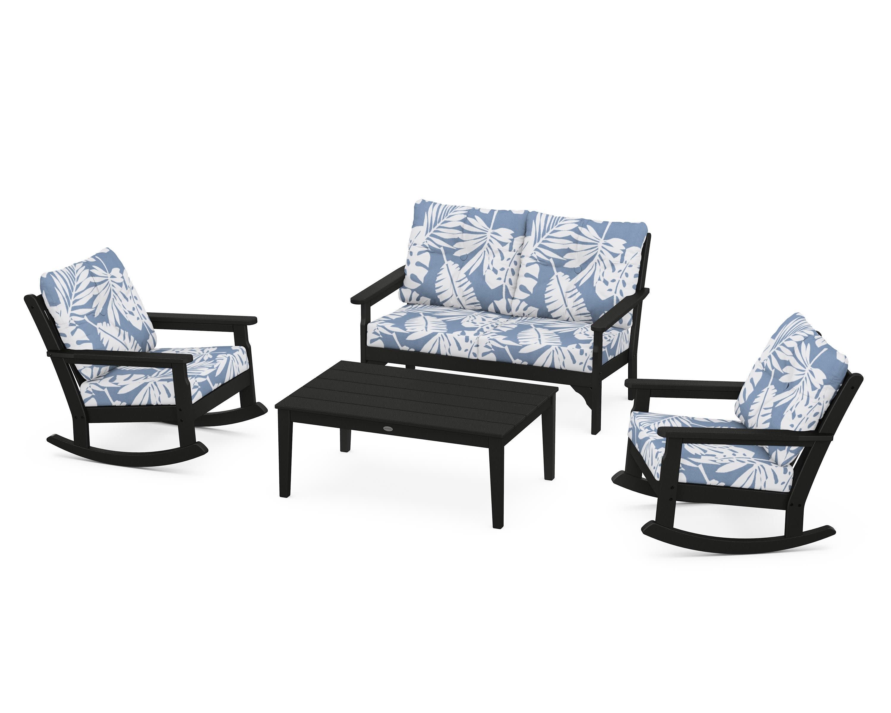 Vineyard 4-Piece Deep Seating Rocking Chair Set in Black / Leaf Sky Blue