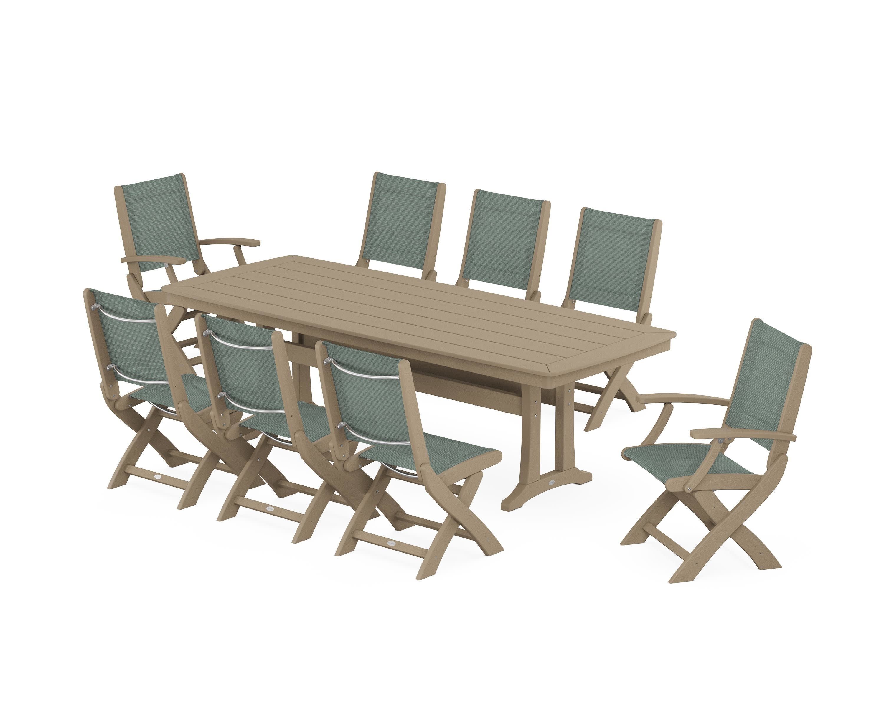 Coastal Folding 9-Piece Dining Set with Trestle Legs in Vintage Sahara / Dupioni Sea Mist Sling