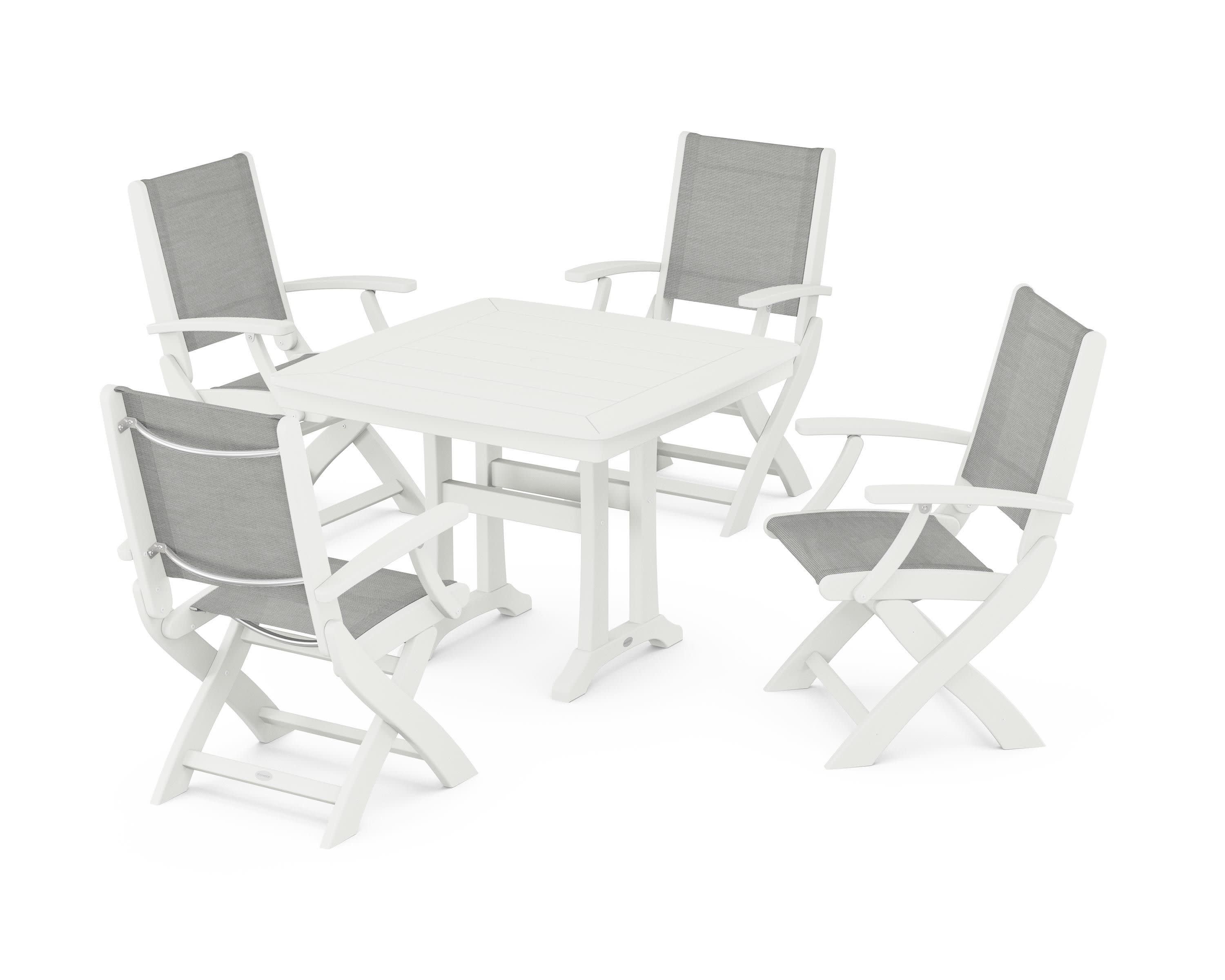 Coastal Folding Chair 5-Piece Dining Set with Trestle Legs in Vintage White / Metallic Sling