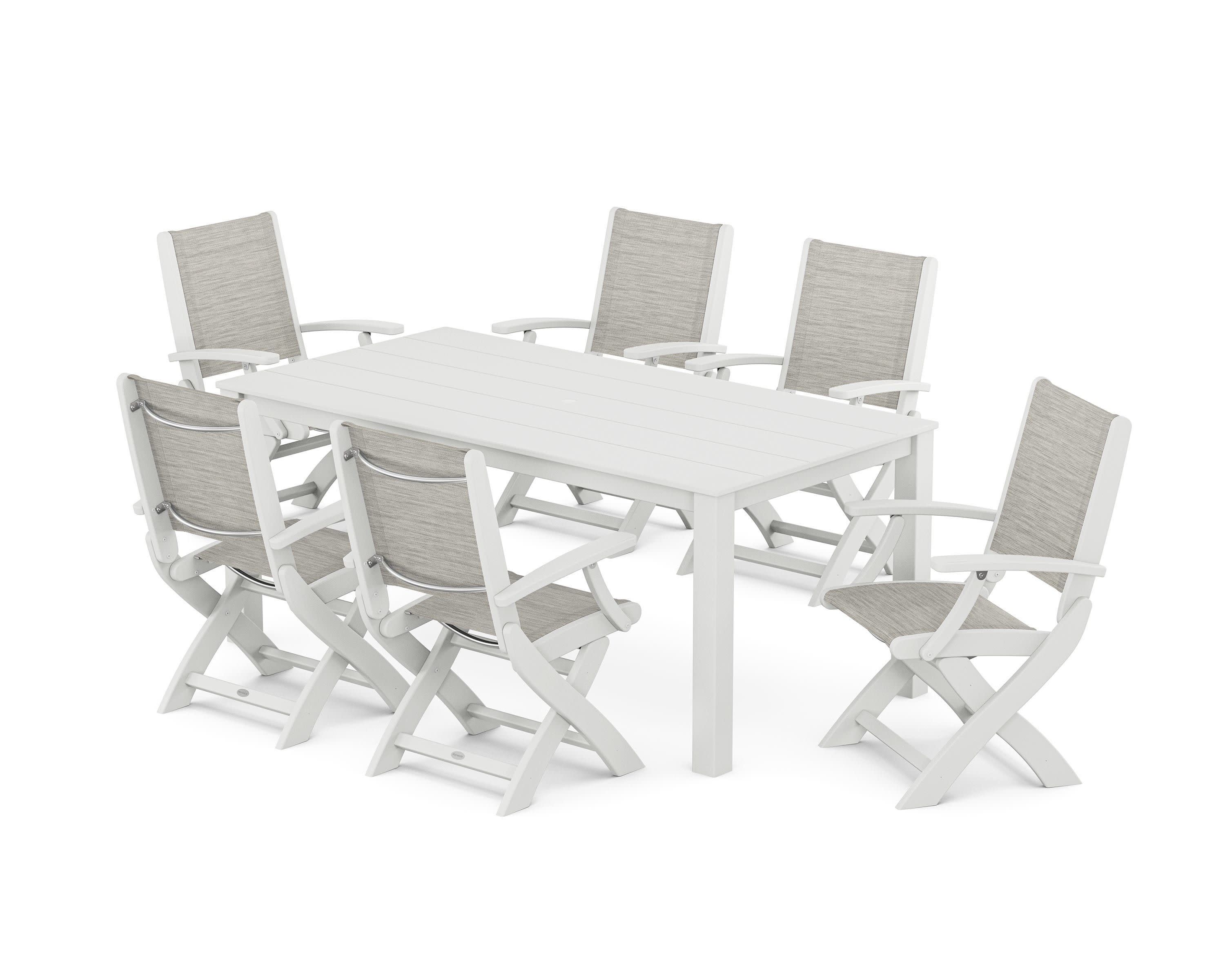 Coastal Folding Chair 7-Piece Parsons Dining Set in White / Birch Sling