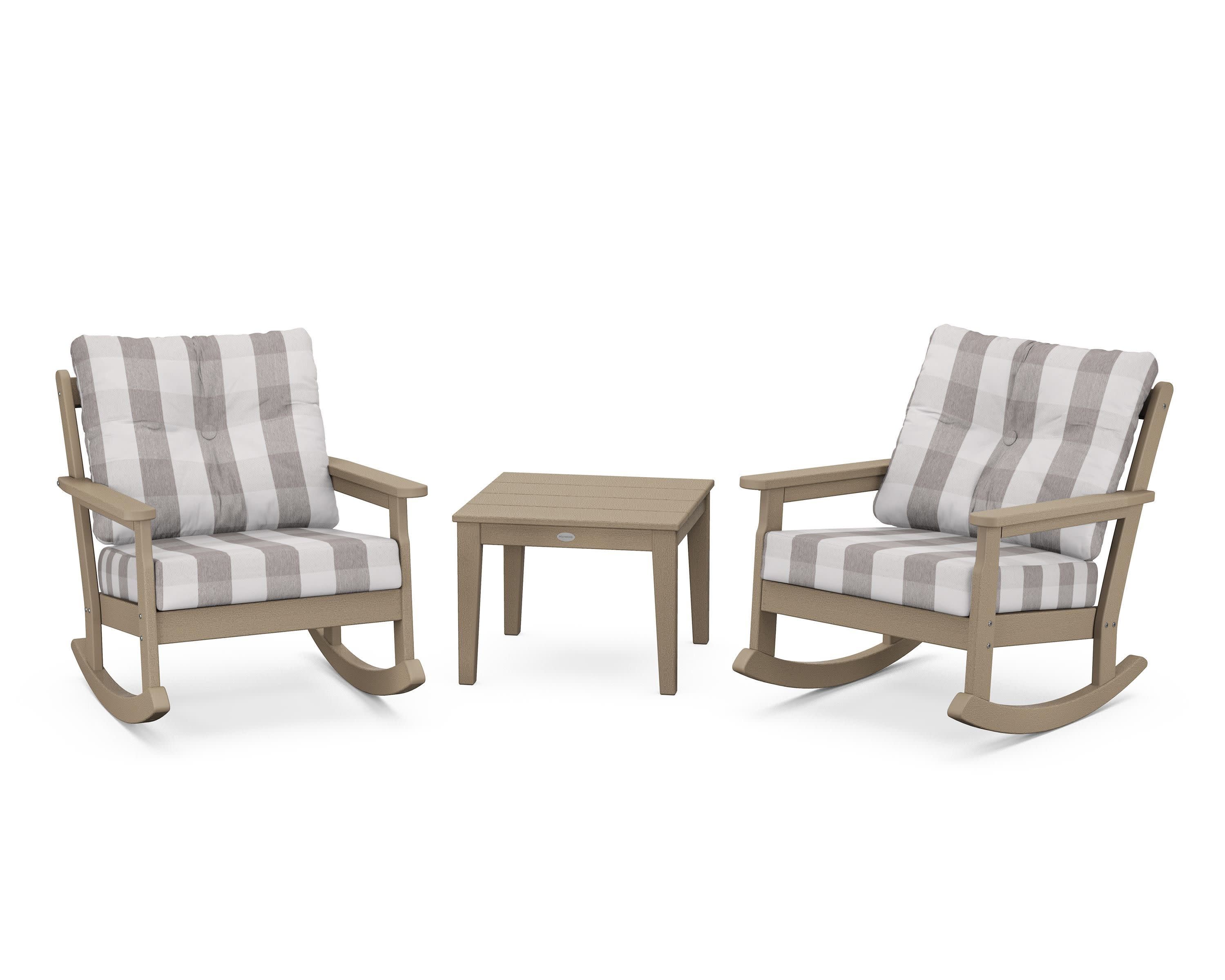 Vineyard 3-Piece Deep Seating Rocker Set in Vintage Sahara / Buffalo Plaid Grey Mist