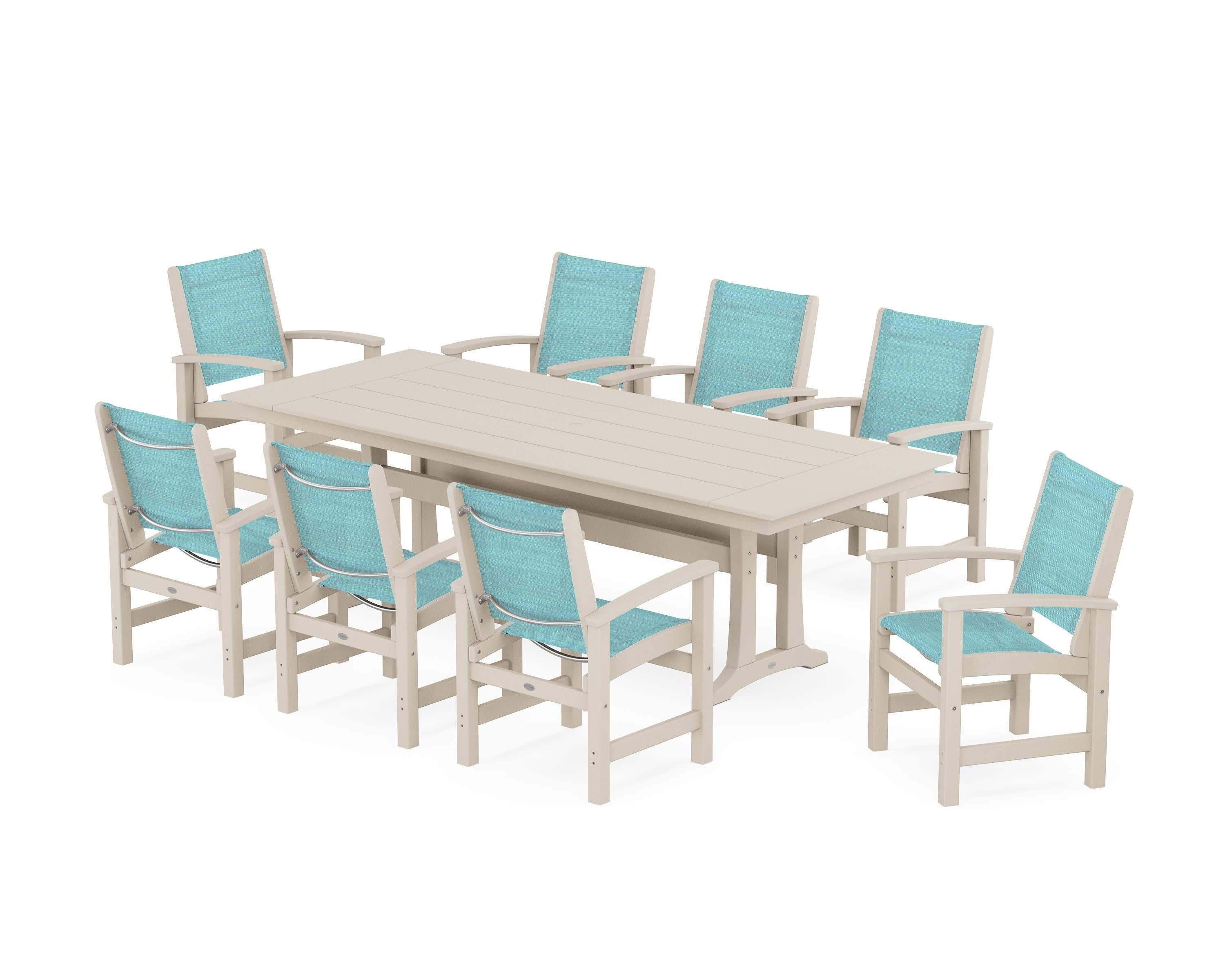 Coastal 9-Piece Farmhouse Dining Set with Trestle Legs in Sand / Dupioni Aquamarine Sling