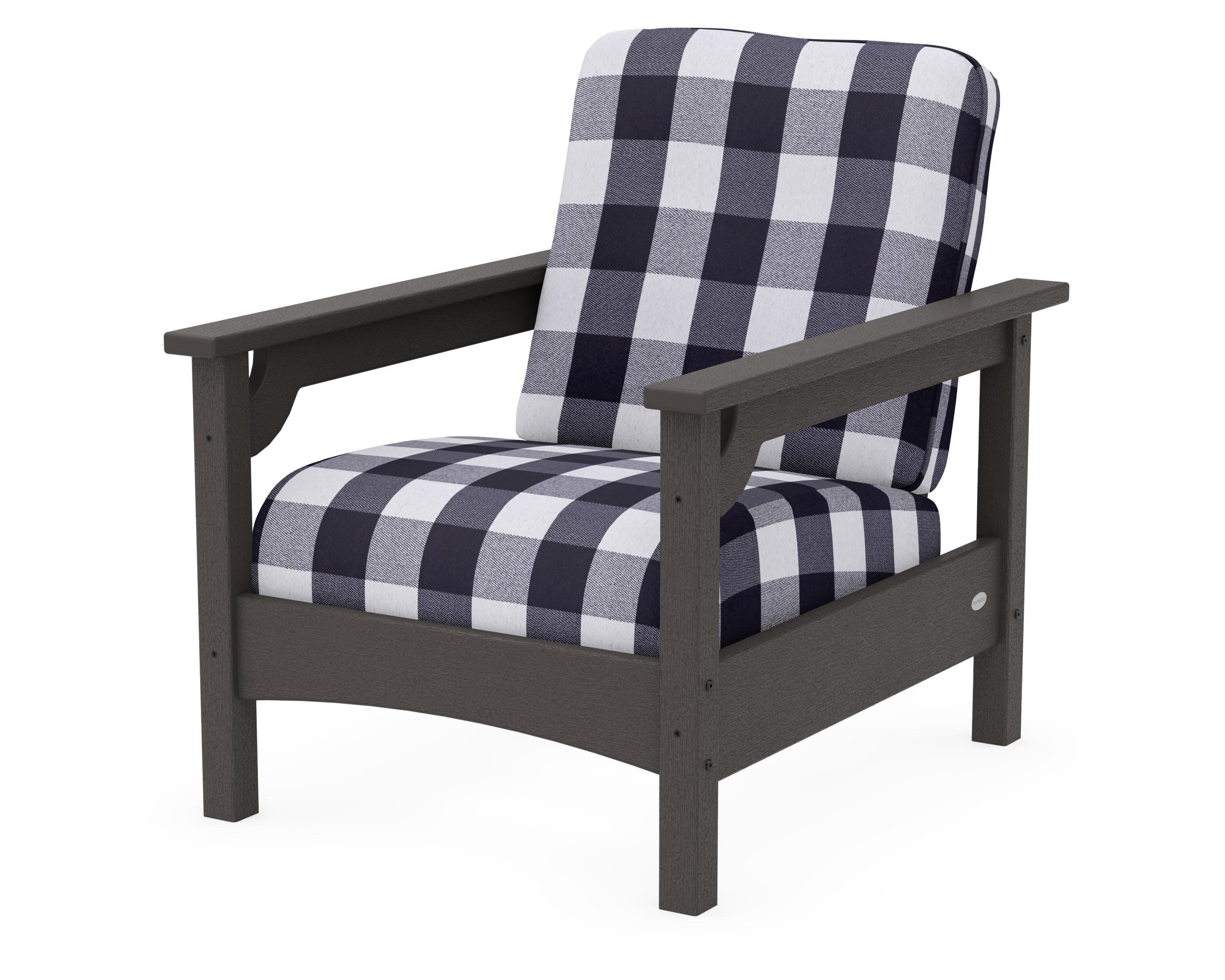 Club Chair in Vintage Coffee / Buffalo Plaid Navy