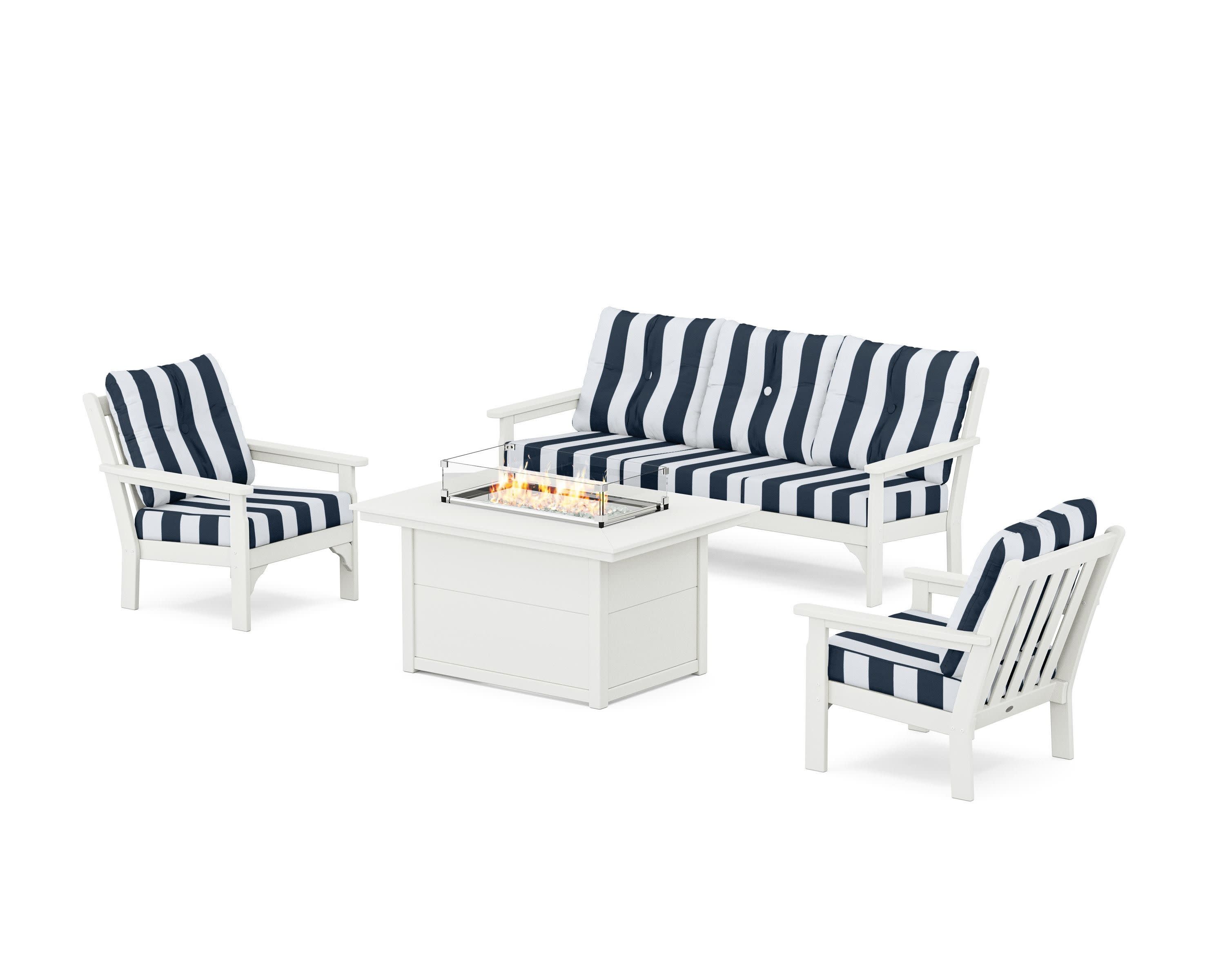 Vineyard Deep Seating Fire Pit Table Set in Vintage White / Cabana Stripe Marine Indigo