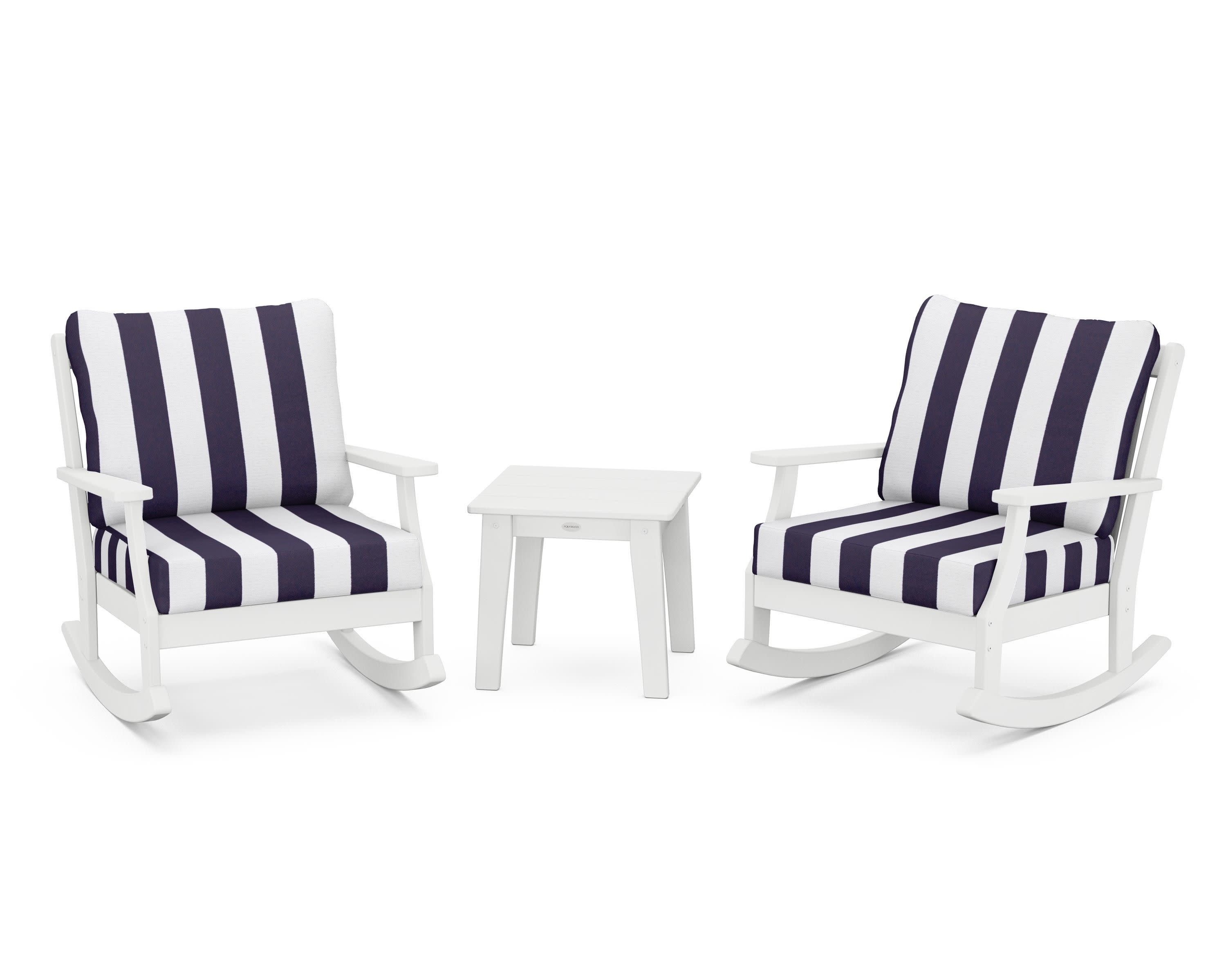 Braxton 3-Piece Deep Seating Rocker Set in White / Cabana Stripe Navy