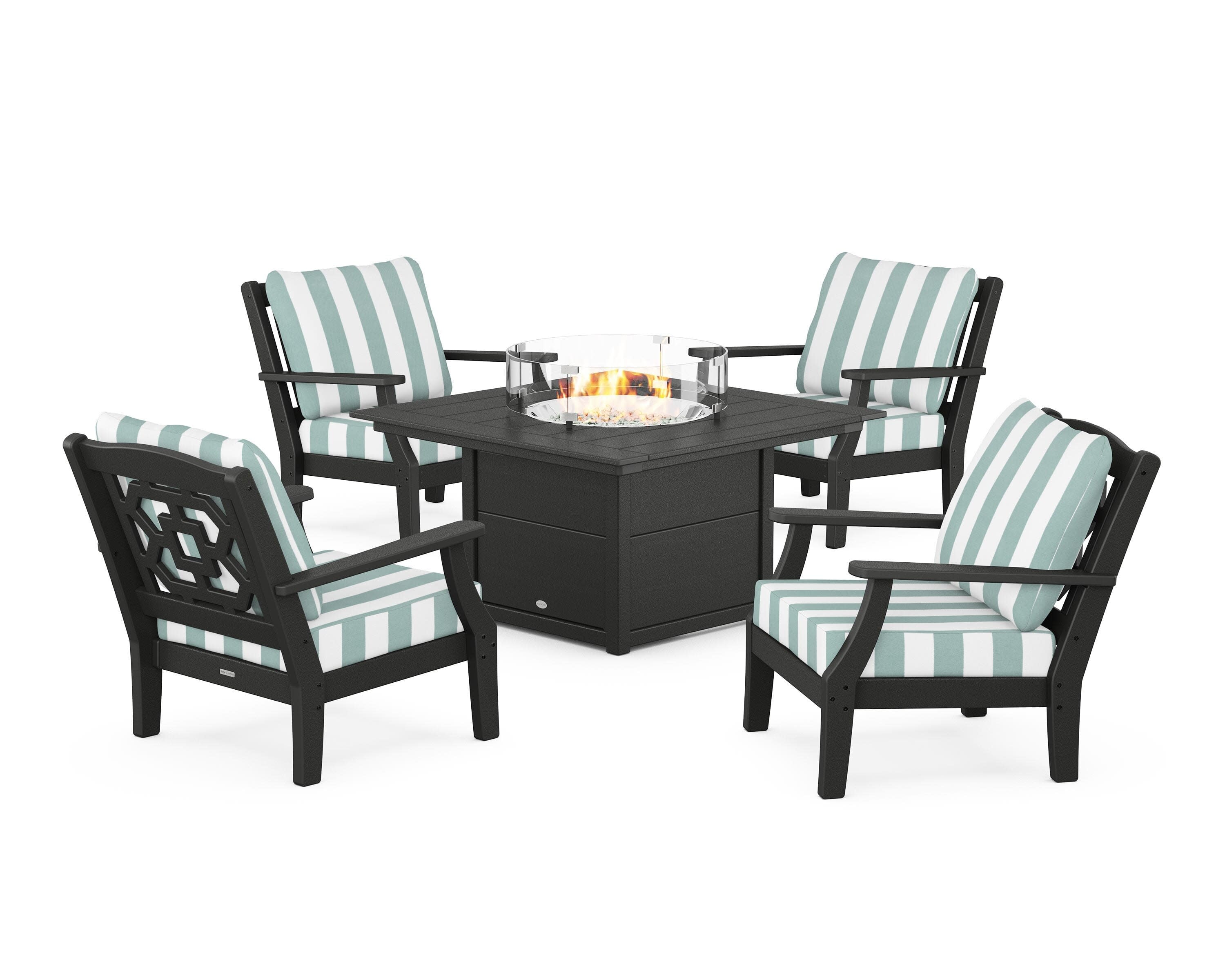 Chinoiserie 5-Piece Deep Seating Set with Fire Pit Table in Black / Cabana Stripe Glacier Spa