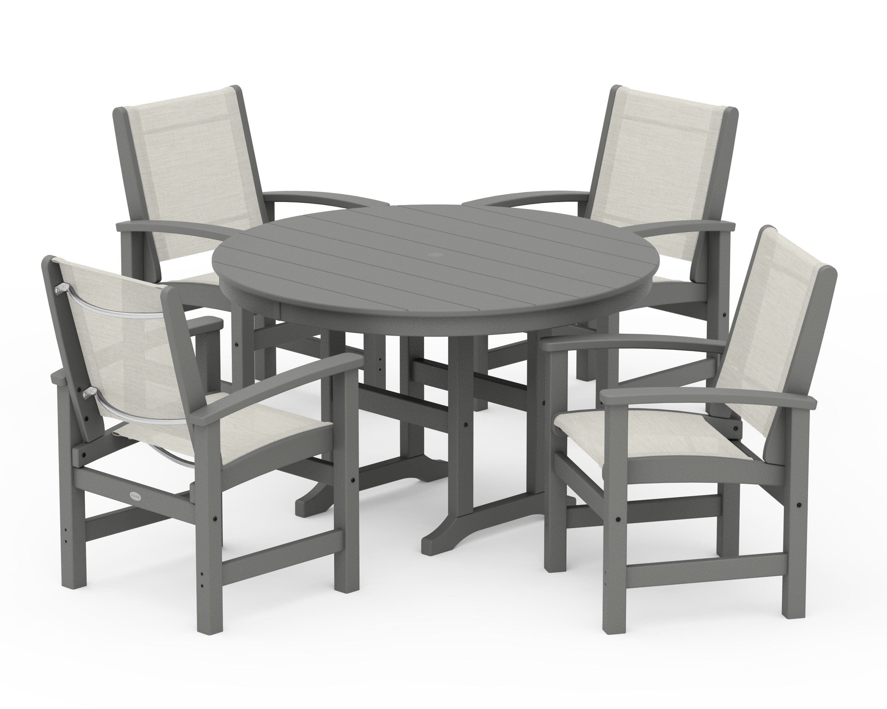 Coastal 5-Piece Round Farmhouse Dining Set in Slate Grey / Parchment Sling