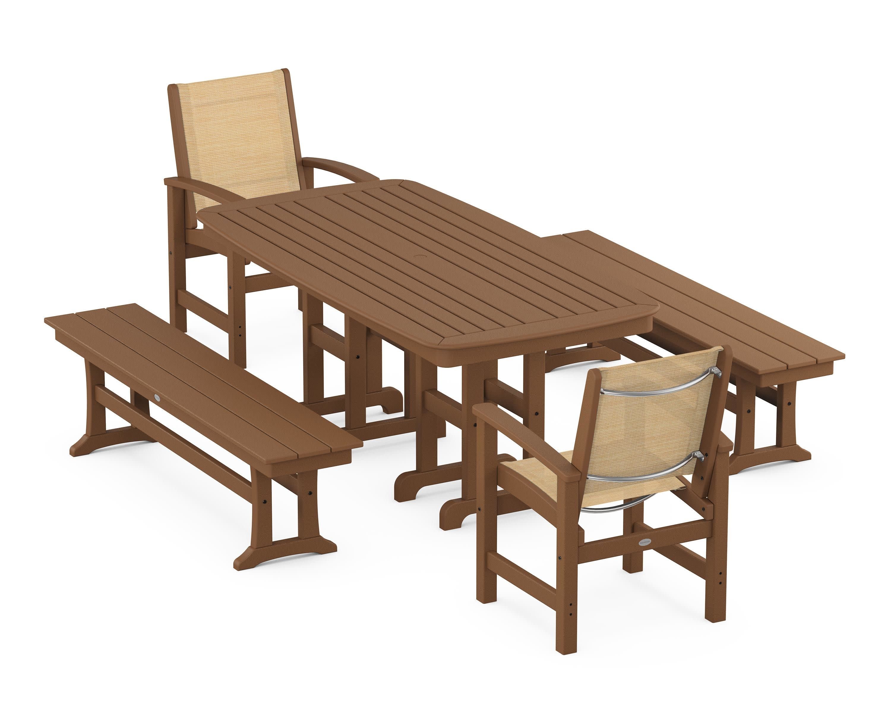 Coastal 5-Piece Dining Set in Teak / Dupioni Apricot Sling
