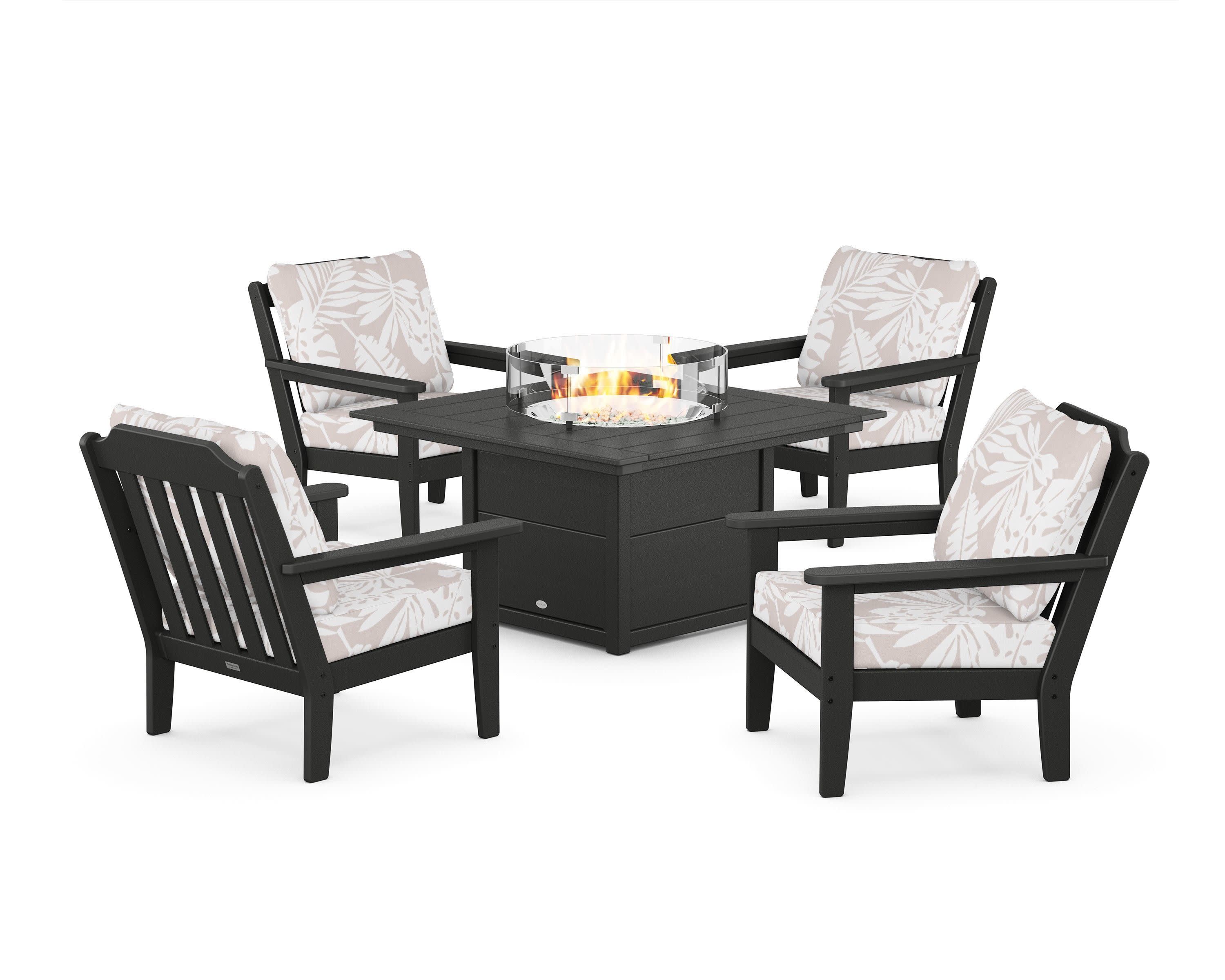 Cottage 5-Piece Deep Seating Set with Fire Pit Table in Black / Leaf Dune Burlap