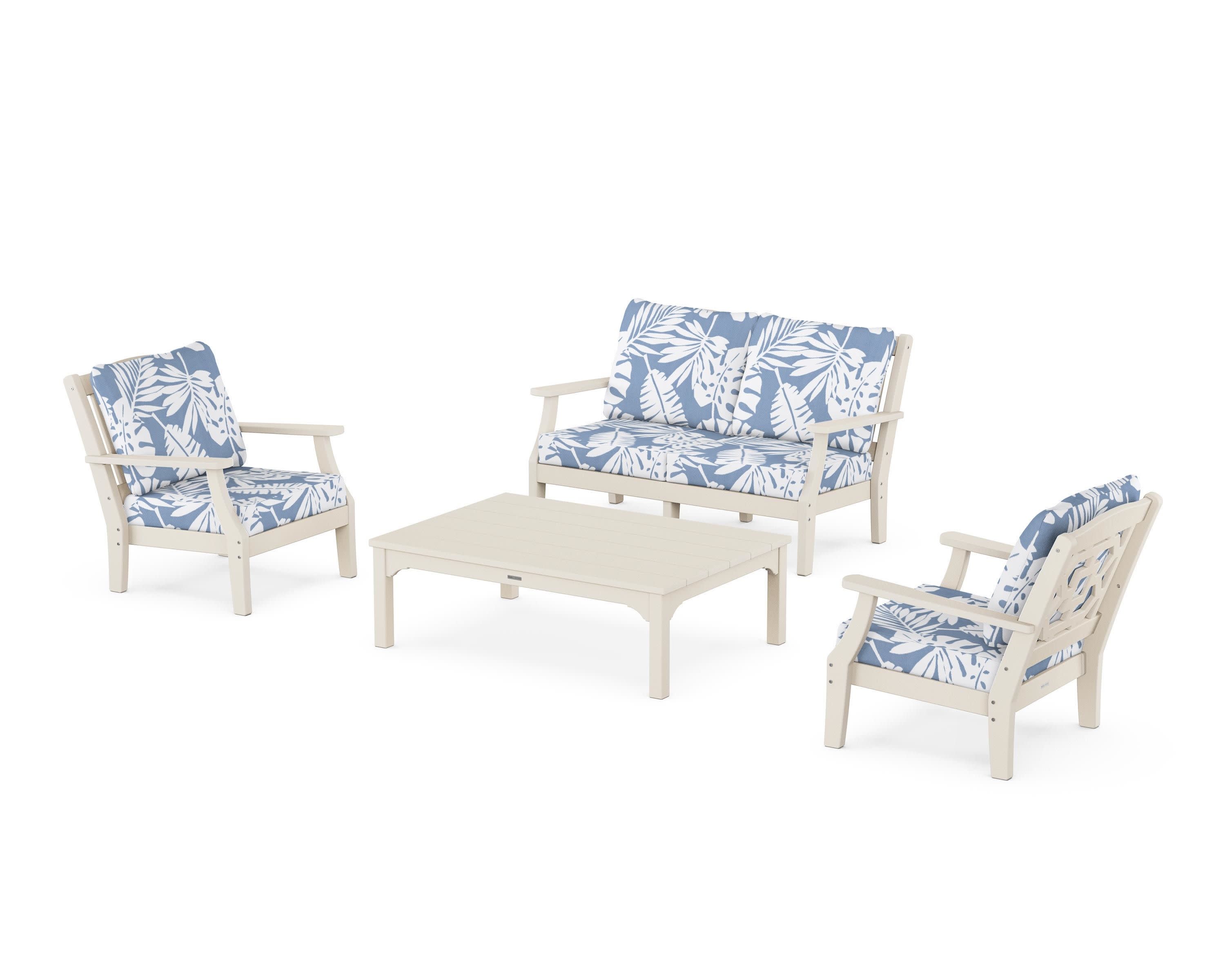 Chinoiserie 4-Piece Deep Seating Set with Loveseat in Sand / Leaf Sky Blue