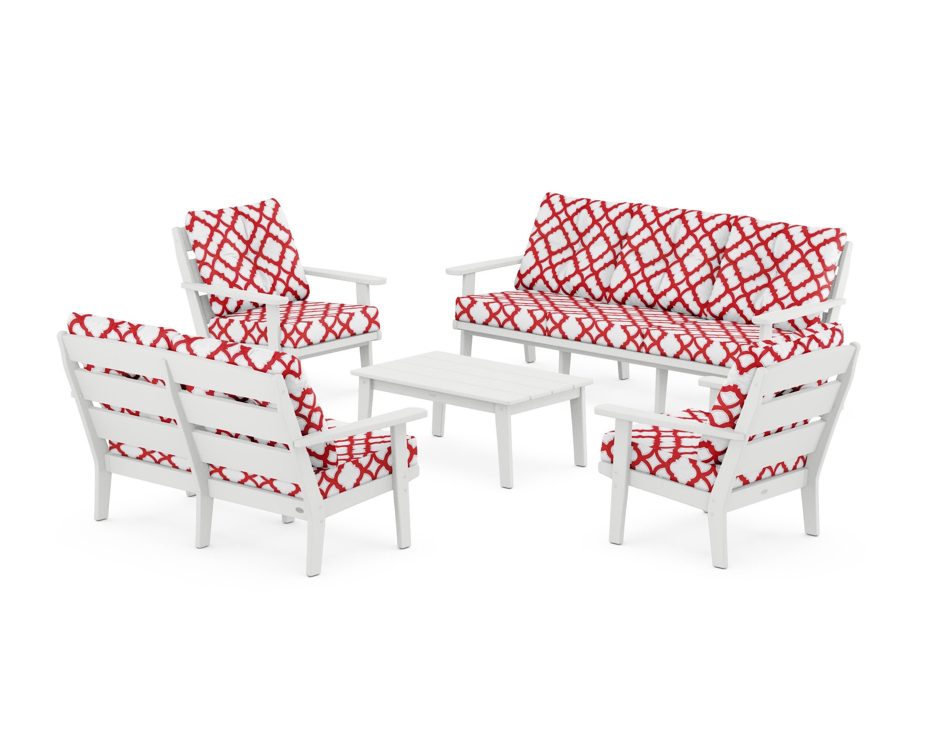 Lakeside 5-Piece Lounge Sofa Set in White / Trellis Crimson