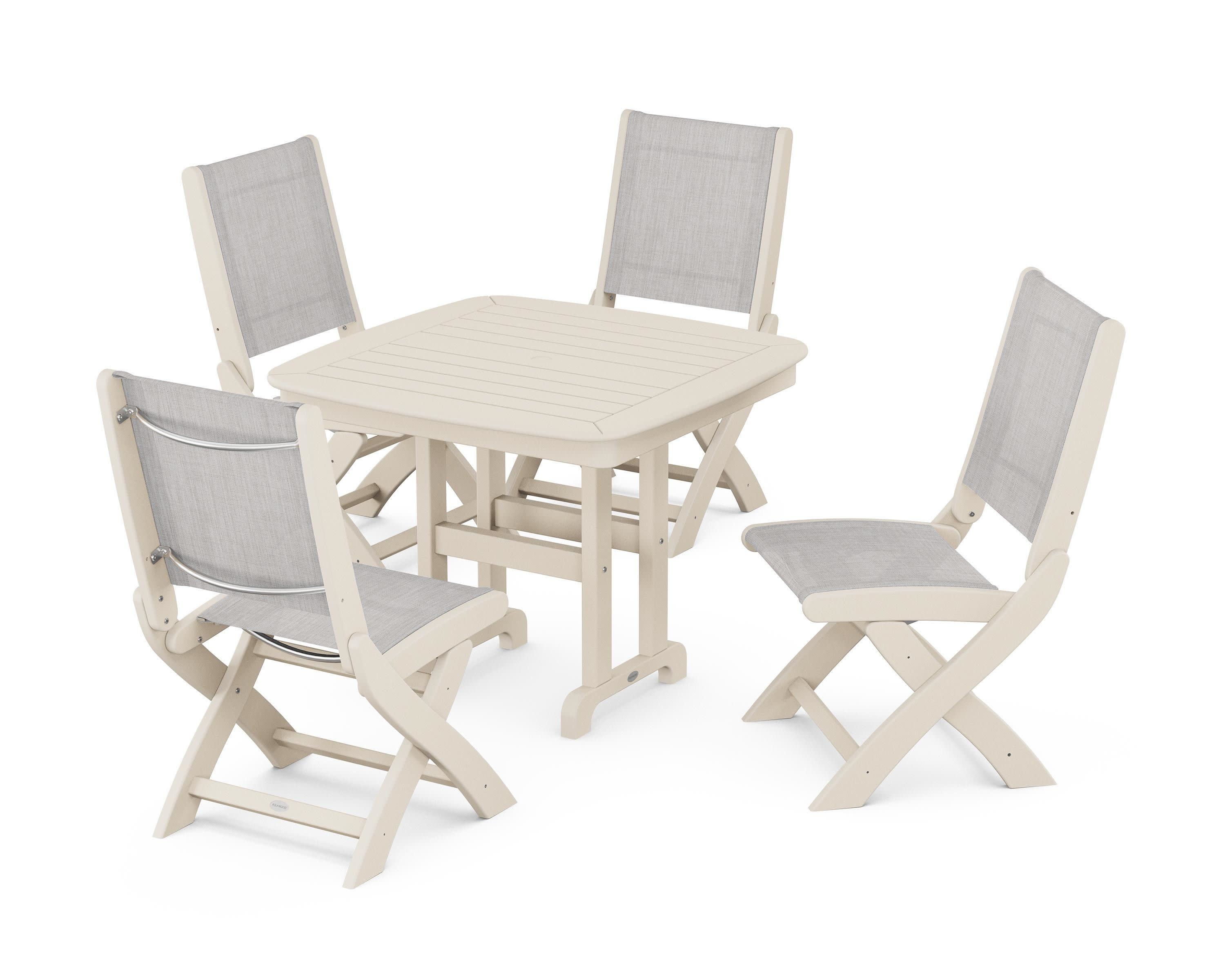 Coastal Folding Side Chair 5-Piece Dining Set in Sand / Parchment Sling