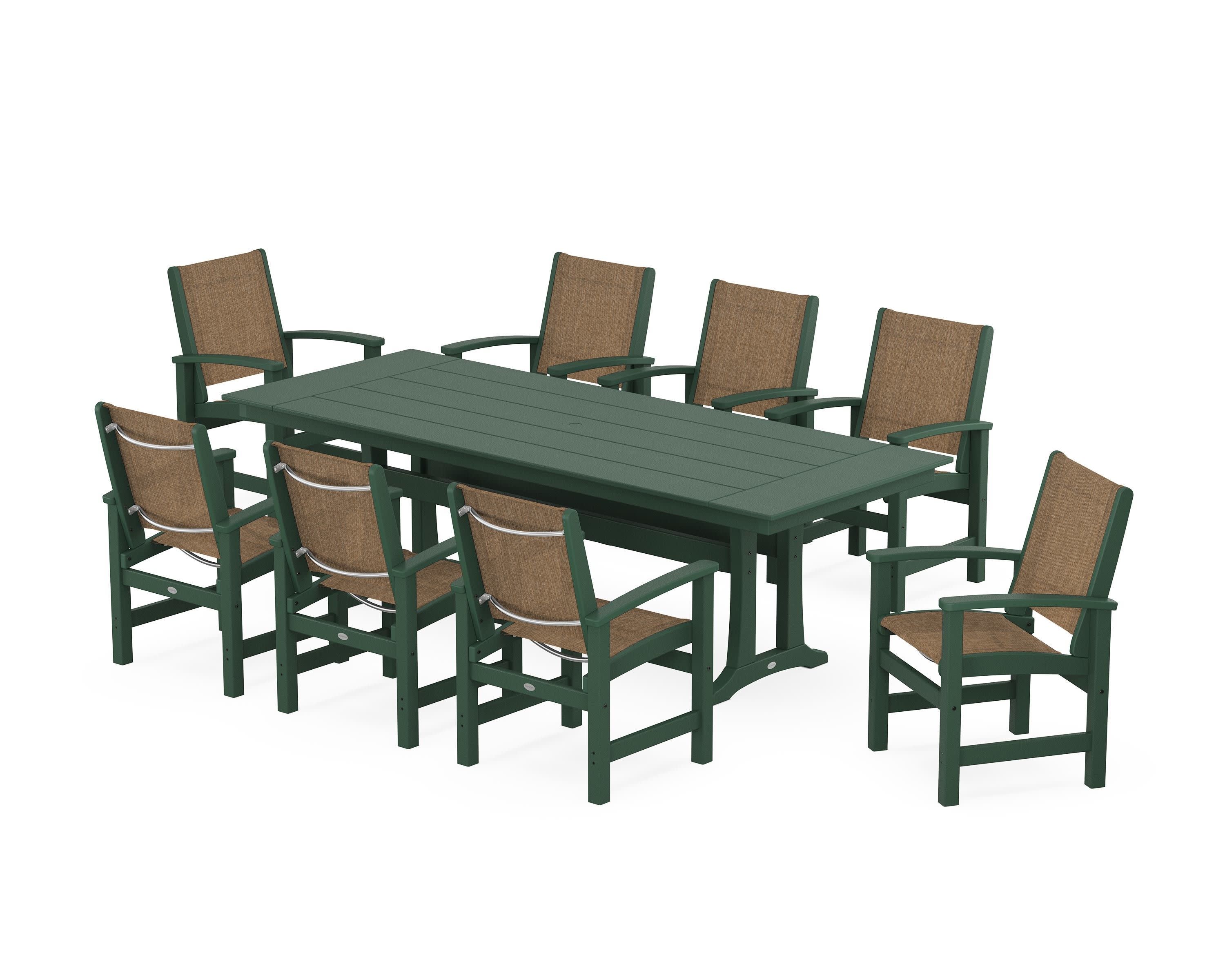 Coastal 9-Piece Farmhouse Dining Set with Trestle Legs in Green / Burlap Sling