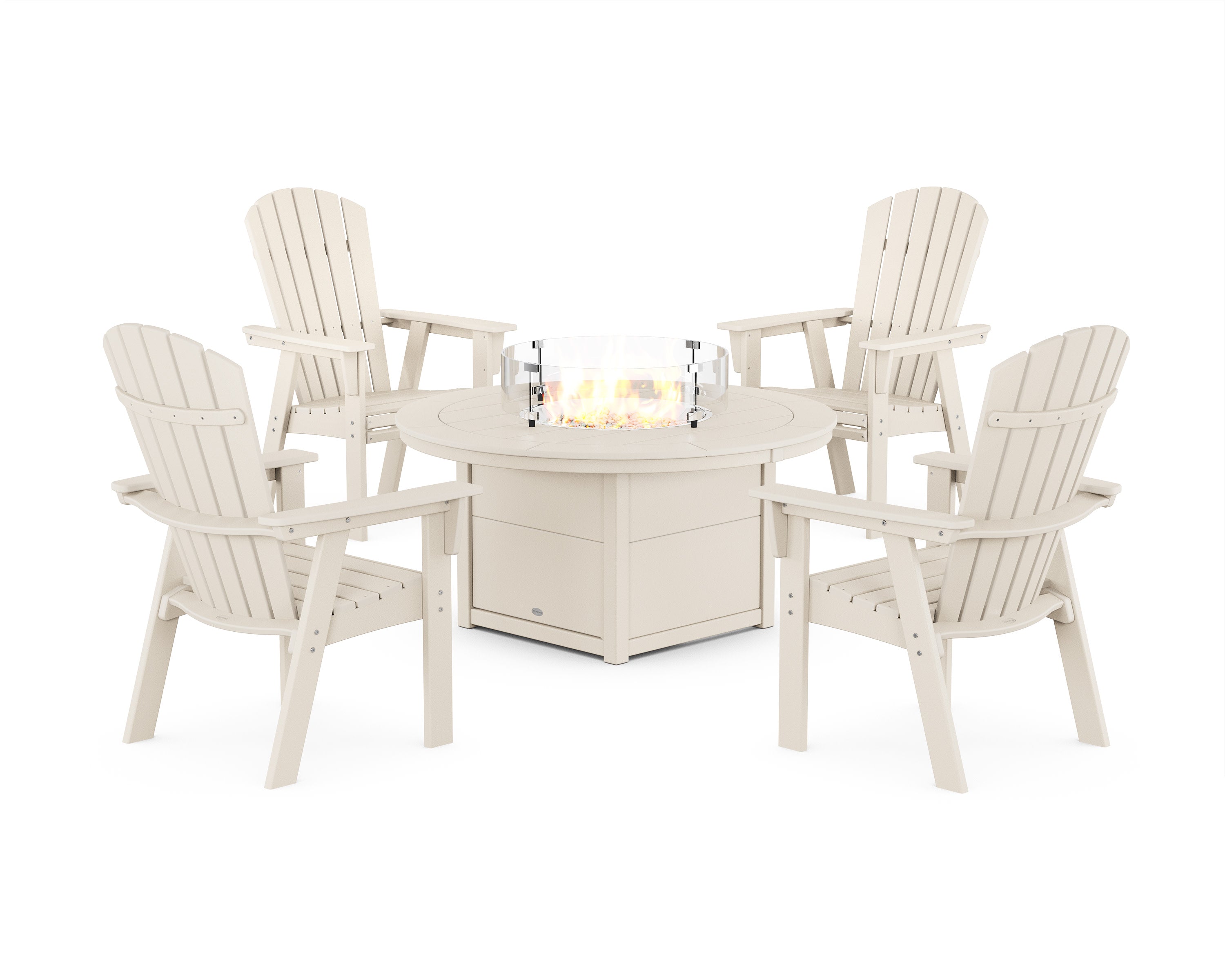 Nautical 4-Piece Curveback Upright Adirondack Conversation Set with Fire Pit Table in Sand