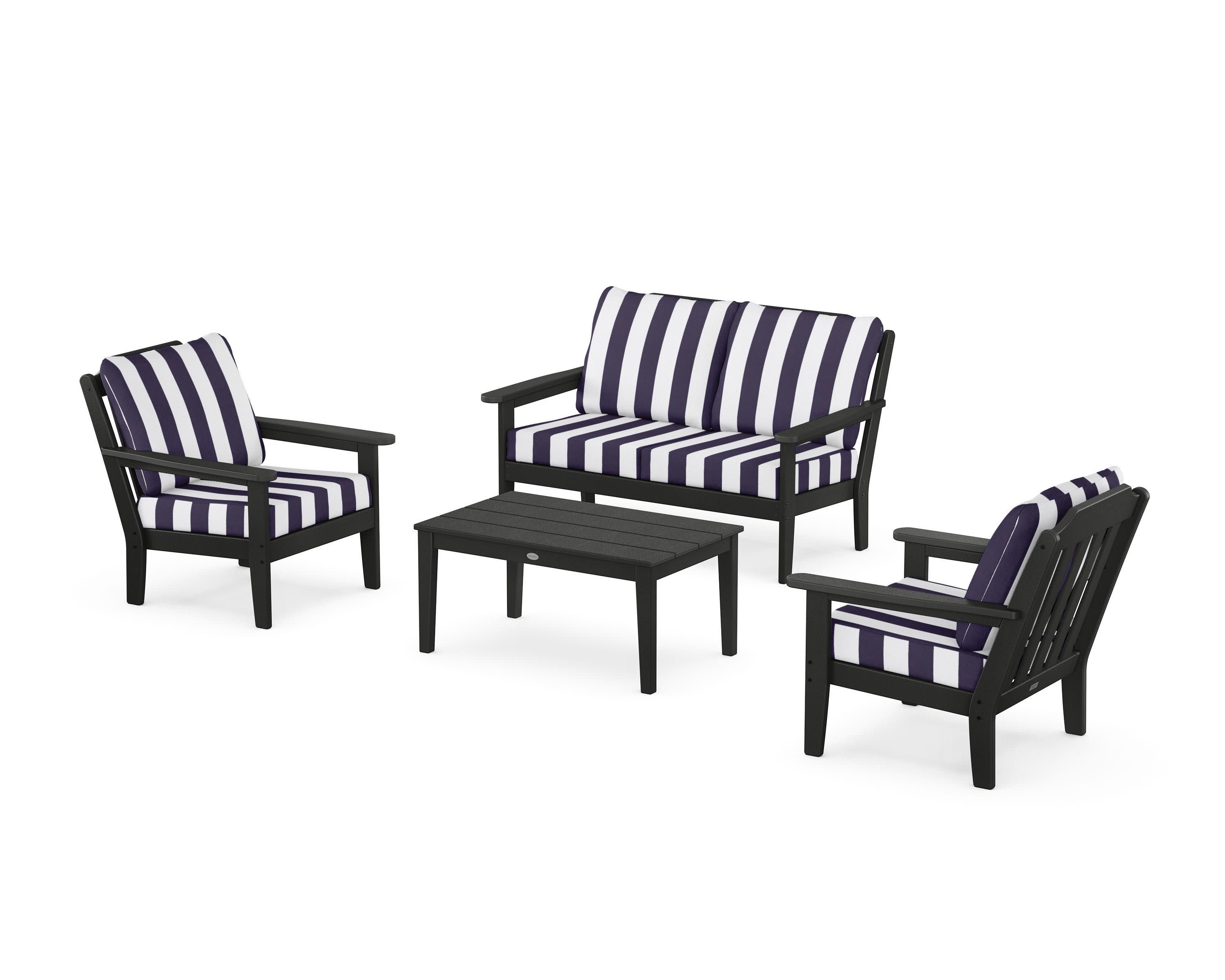 Cottage 4-Piece Deep Seating Set with Loveseat in Black / Cabana Stripe Navy