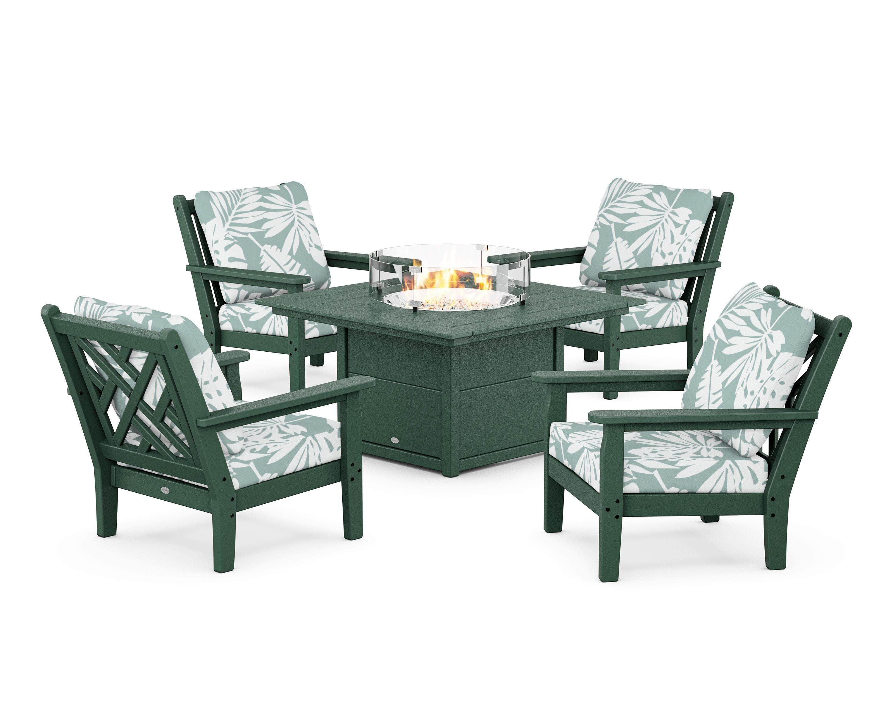 Chippendale 5-Piece Deep Seating Set with Fire Pit Table in Green / Leaf Glacier Spa