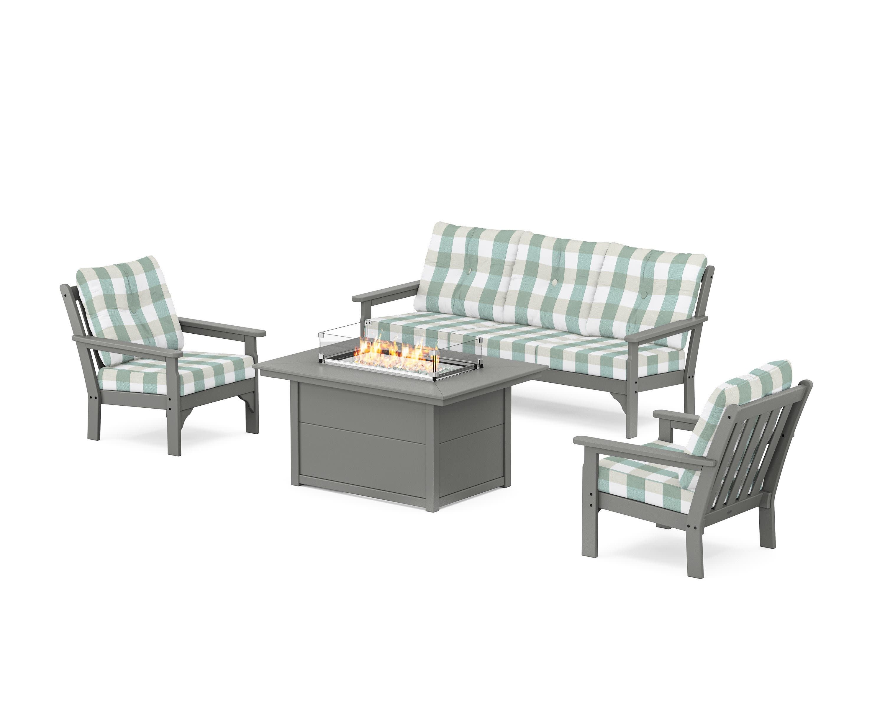 Vineyard Deep Seating Fire Pit Table Set in Slate Grey / Buffalo Plaid Glacier Spa