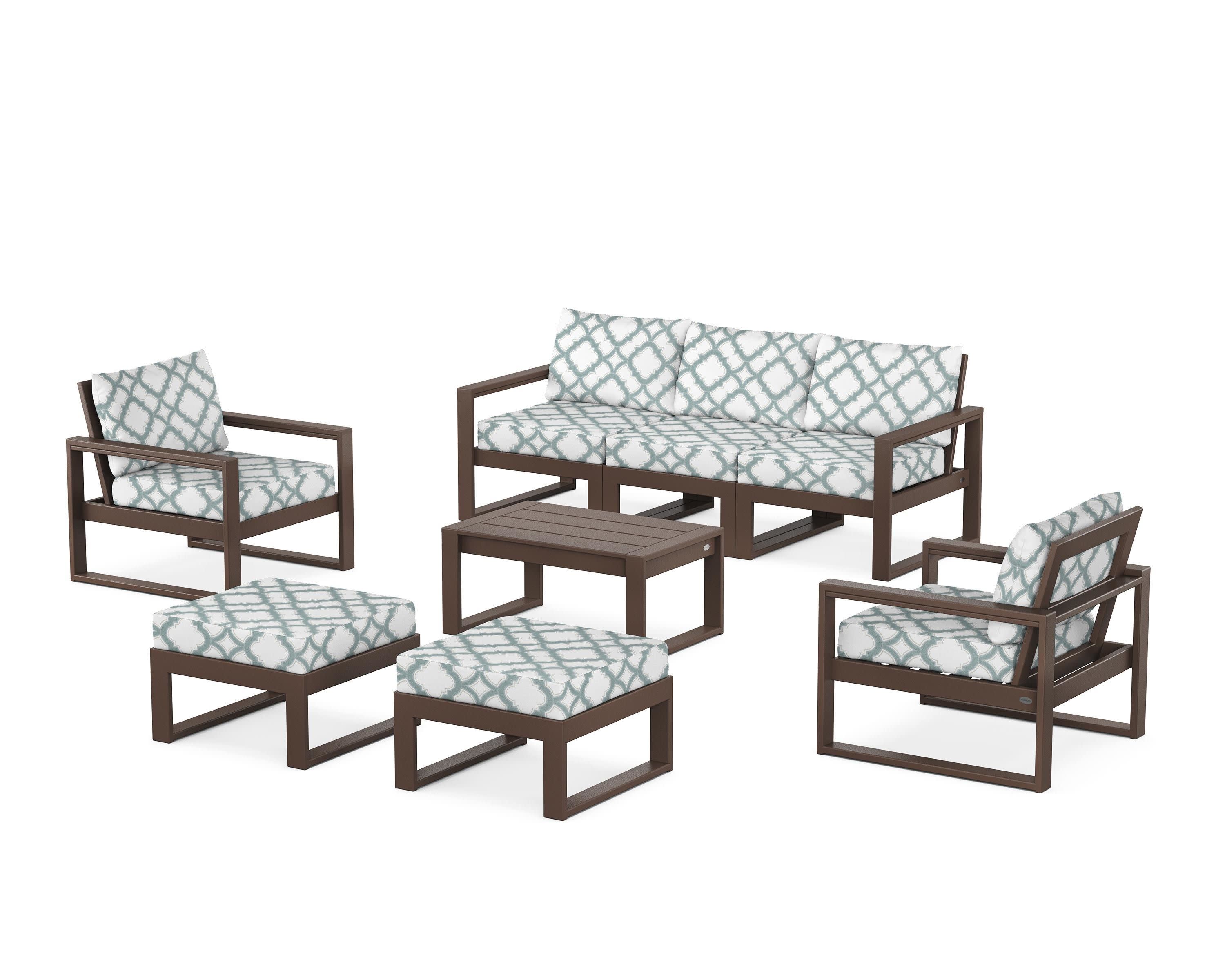 EDGE Sectional 8-Piece Lounge Sofa Set in Mahogany / Trellis Glacier Spa