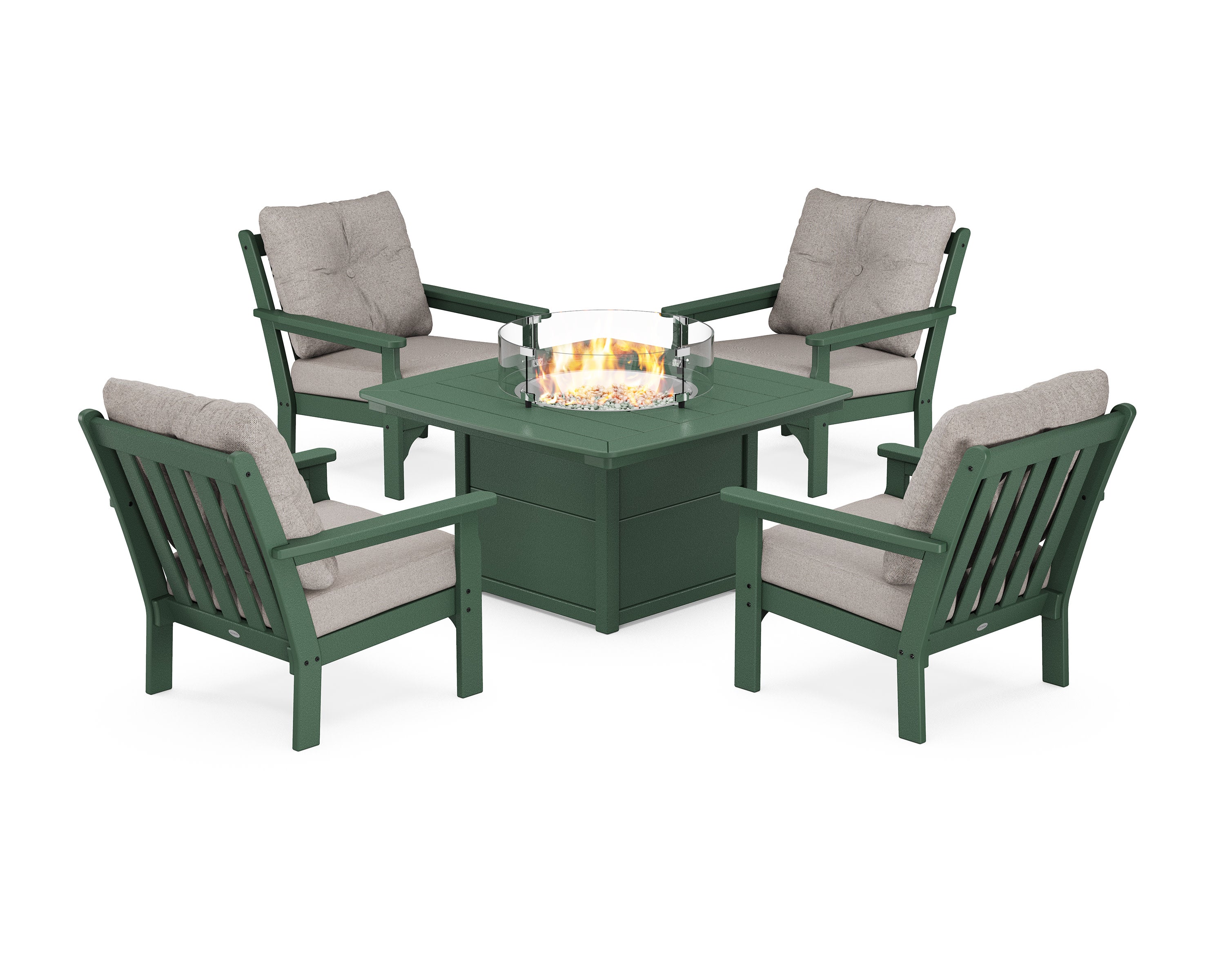 Vineyard 5-Piece Conversation Set with Fire Pit Table in Green / Weathered Tweed