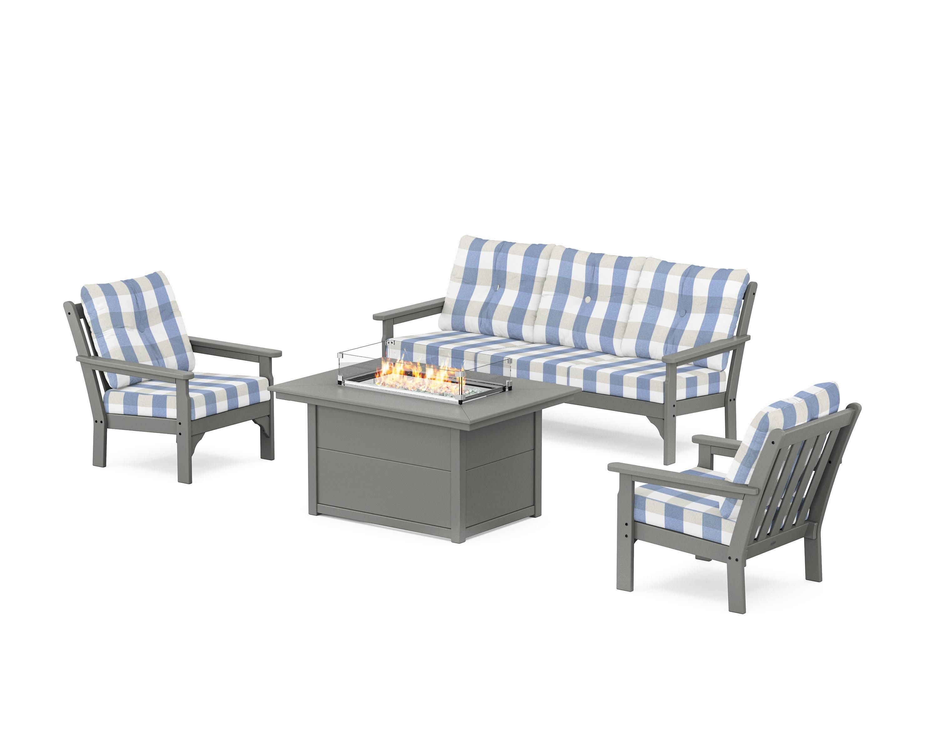 Vineyard Deep Seating Fire Pit Table Set in Slate Grey / Buffalo Plaid Sky Blue