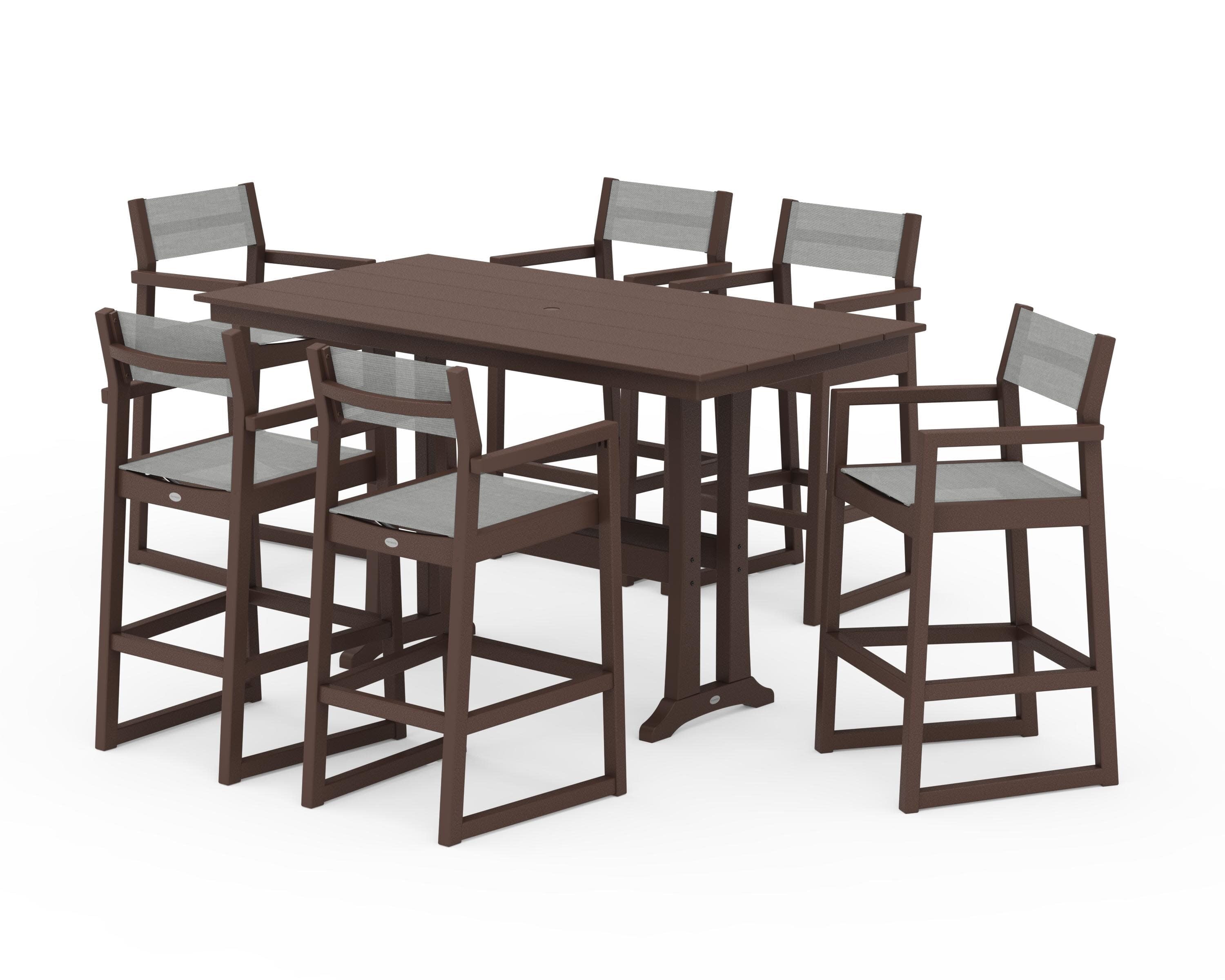 EDGE Sling Arm Chair 7-Piece Farmhouse Bar Set with Trestle Legs in Mahogany / Metallic Sling