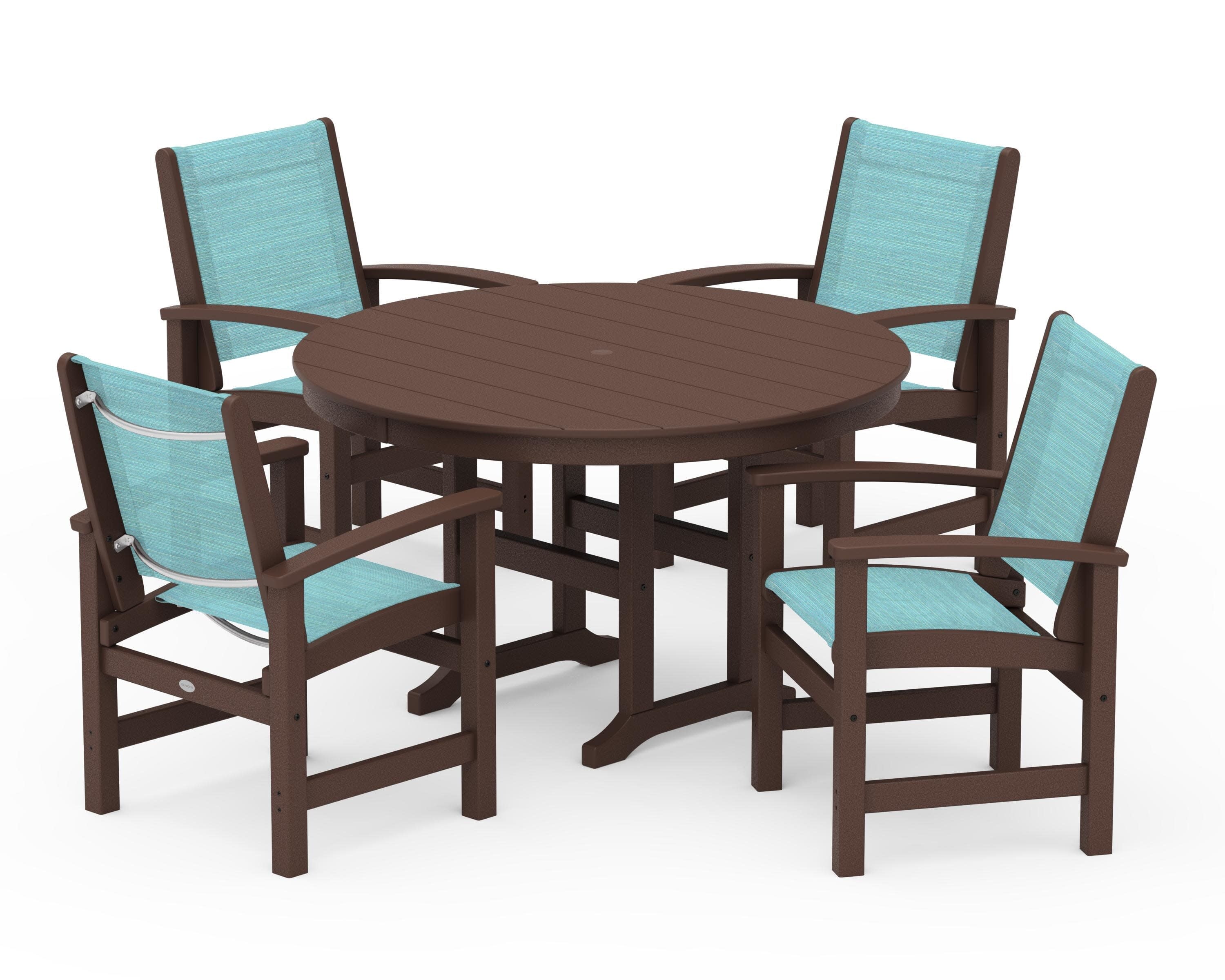 Coastal 5-Piece Round Farmhouse Dining Set in Mahogany / Dupioni Aquamarine Sling