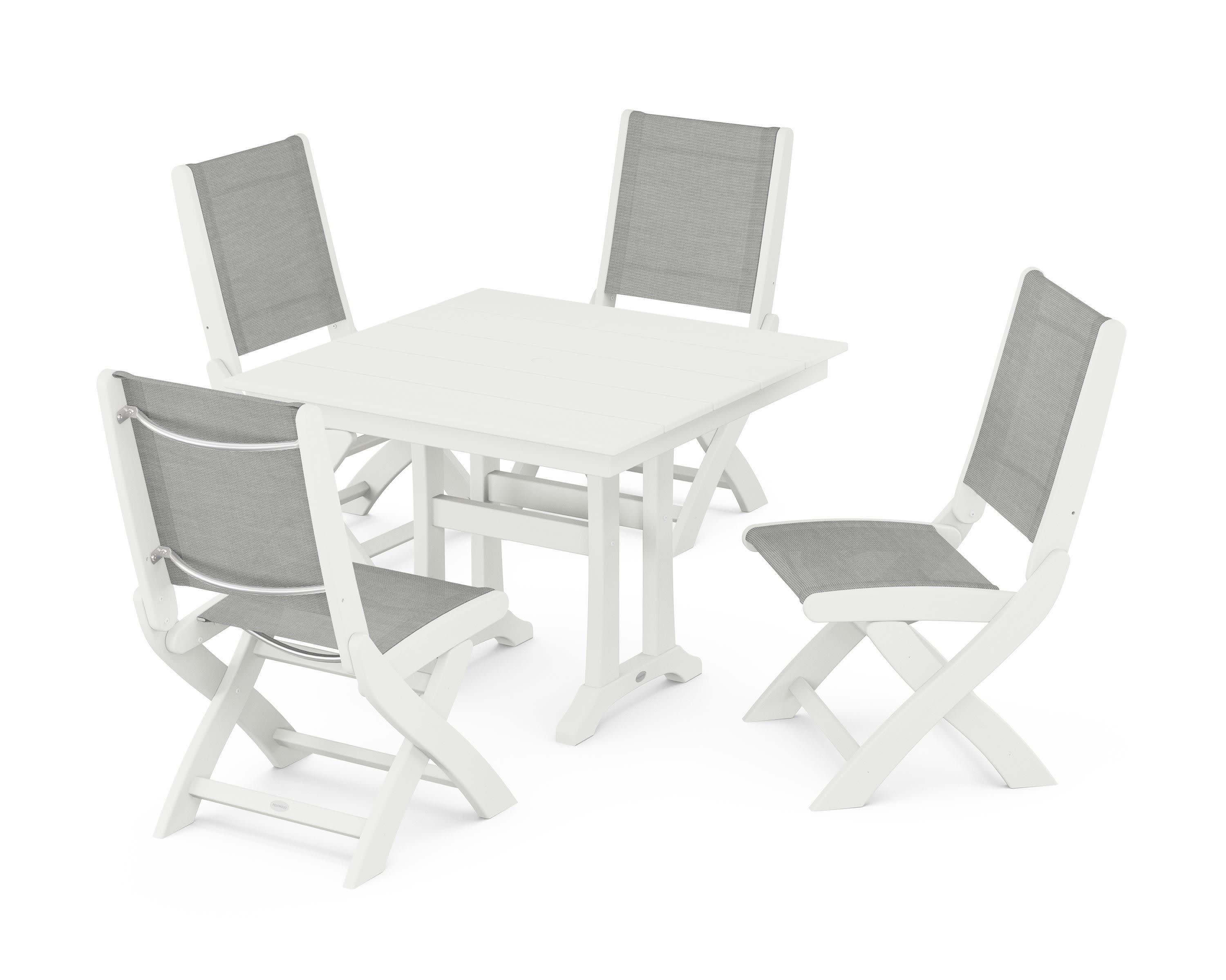 Coastal Folding Side Chair 5-Piece Farmhouse Dining Set With Trestle Legs in Vintage White / Metallic Sling