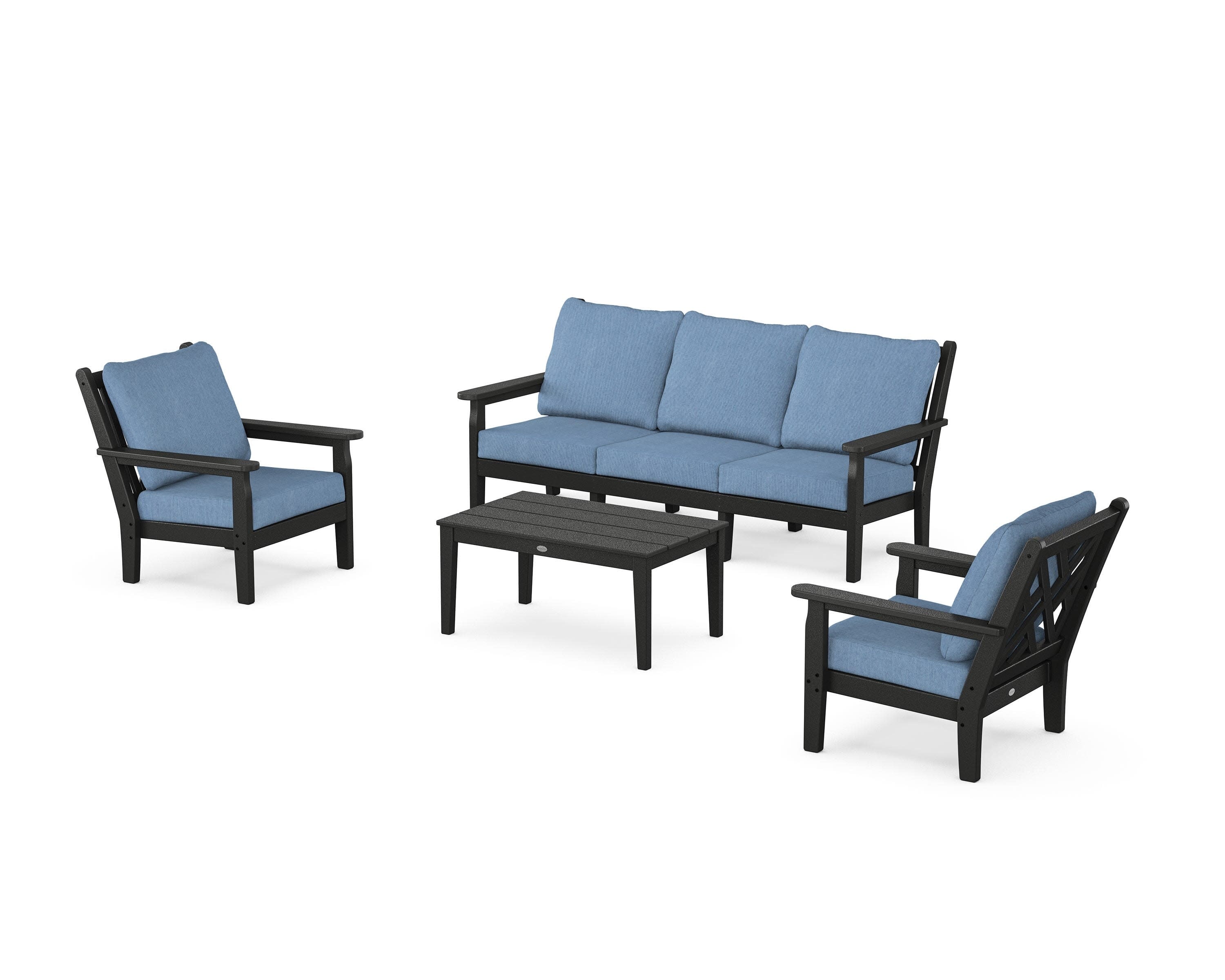 Chippendale 4-Piece Deep Seating Set with Sofa in Black / Sky Blue
