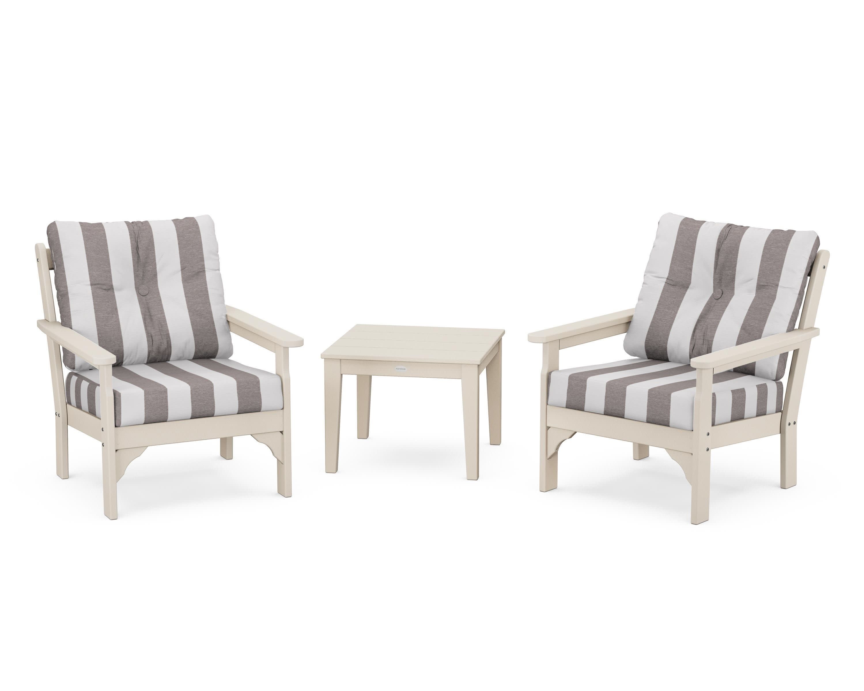 Vineyard 3-Piece Deep Seating Set in Sand / Cabana Stripe Grey Mist