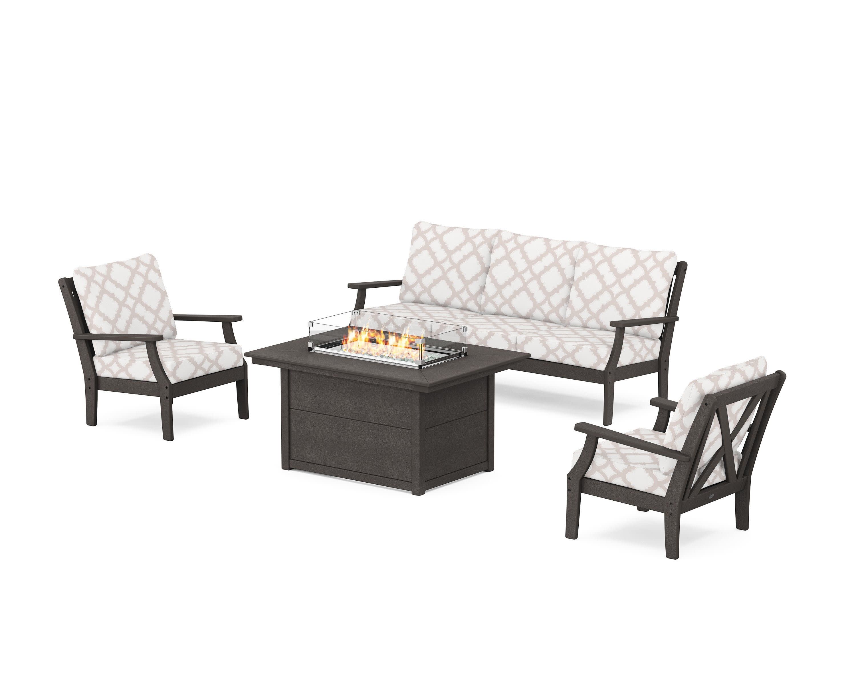 Braxton Deep Seating Fire Pit Table Set in Vintage Coffee / Trellis Dune Burlap