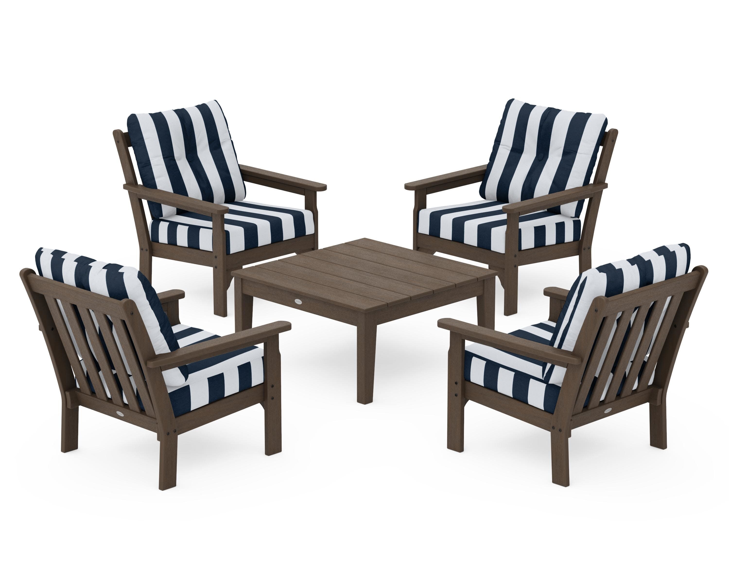 Vineyard 5-Piece Deep Seating Conversation Set in Kona / Cabana Stripe Marine Indigo
