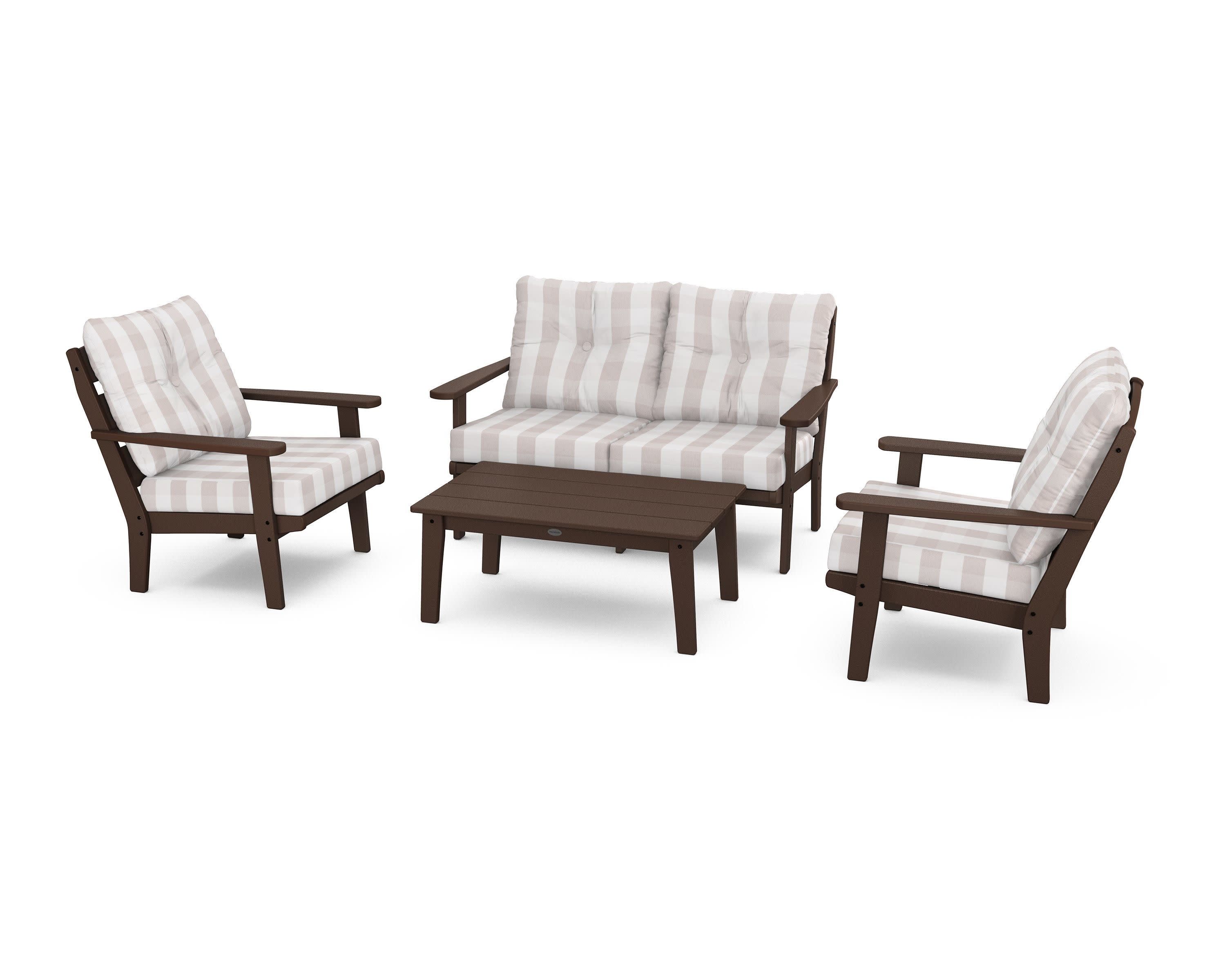 Lakeside 4-Piece Deep Seating Set in Mahogany / Buffalo Plaid Dune Burlap