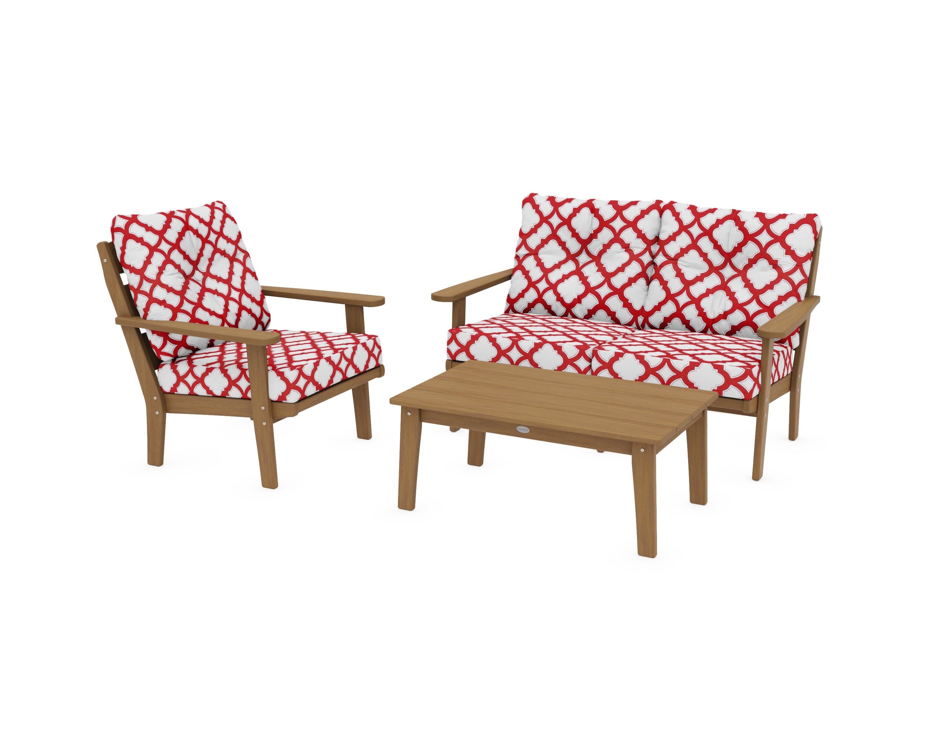 Lakeside 3-Piece Deep Seating Set in Natural / Trellis Crimson